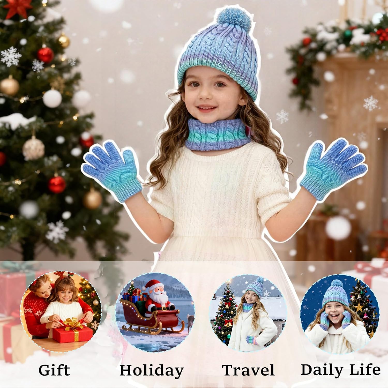 Girls Winter Hat Scarf Gloves Set, Warm Fleeve Rainbow Color Beanie Knit Scarf Mittens Kids Children Christmas Gifts