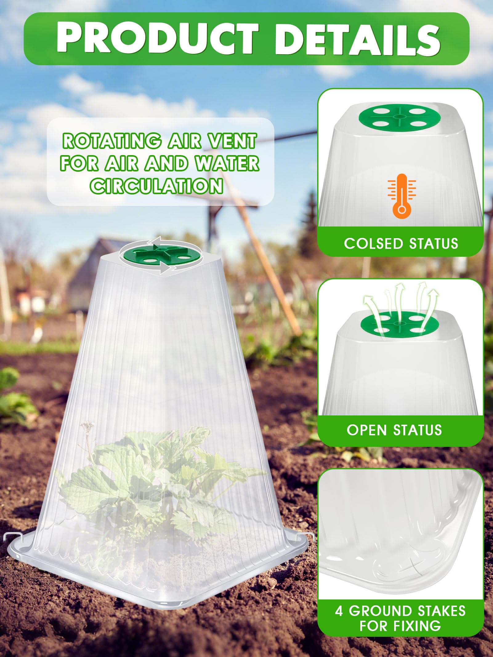 Lot de 20 Cloches de Jardin réutilisables pour Plantes, 23,9 x 19,8 cm (H x P) avec 40 piquets de Sol et Housse d'aération rotative, couvertures de Plantes Protection Contre Le Gel Contre Les Animaux