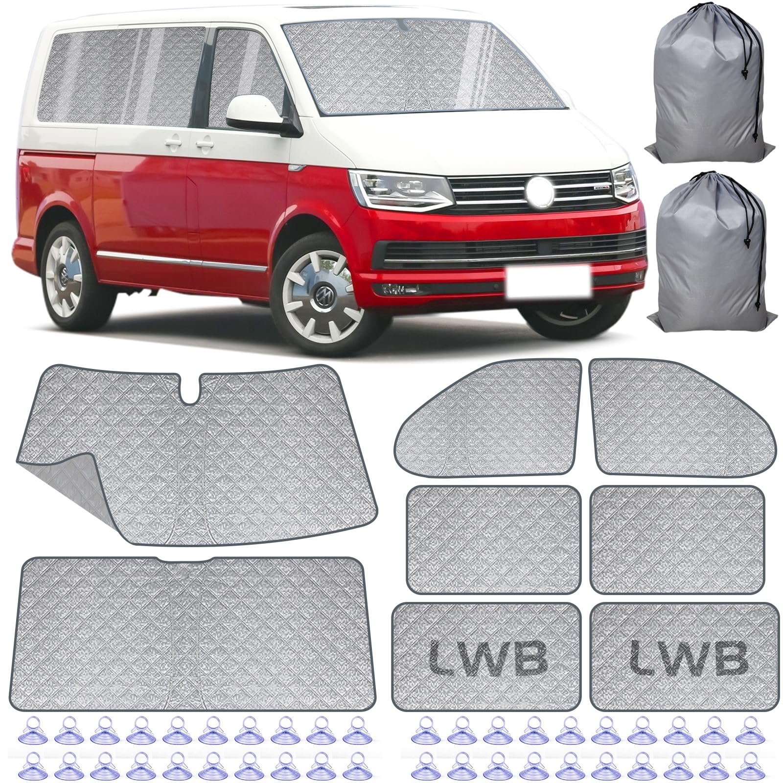 Tappetino termico interno per cabina di guida, adatto per VW T5/T6, set da 8 pezzi, multistrato, protezione solare antistrappo, facile da montare, versatile, con custodia per il trasporto (LWB