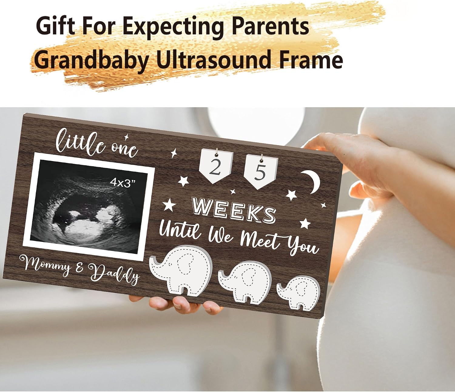 Yudarte Ultrasound Picture Frame 4x3 Inches with Baby Countdown Weeks Sonogram - Pregnancy Announcement Elephant Nursery Decor for Birth Information - Expecting Parents to be New Mom Gifts for