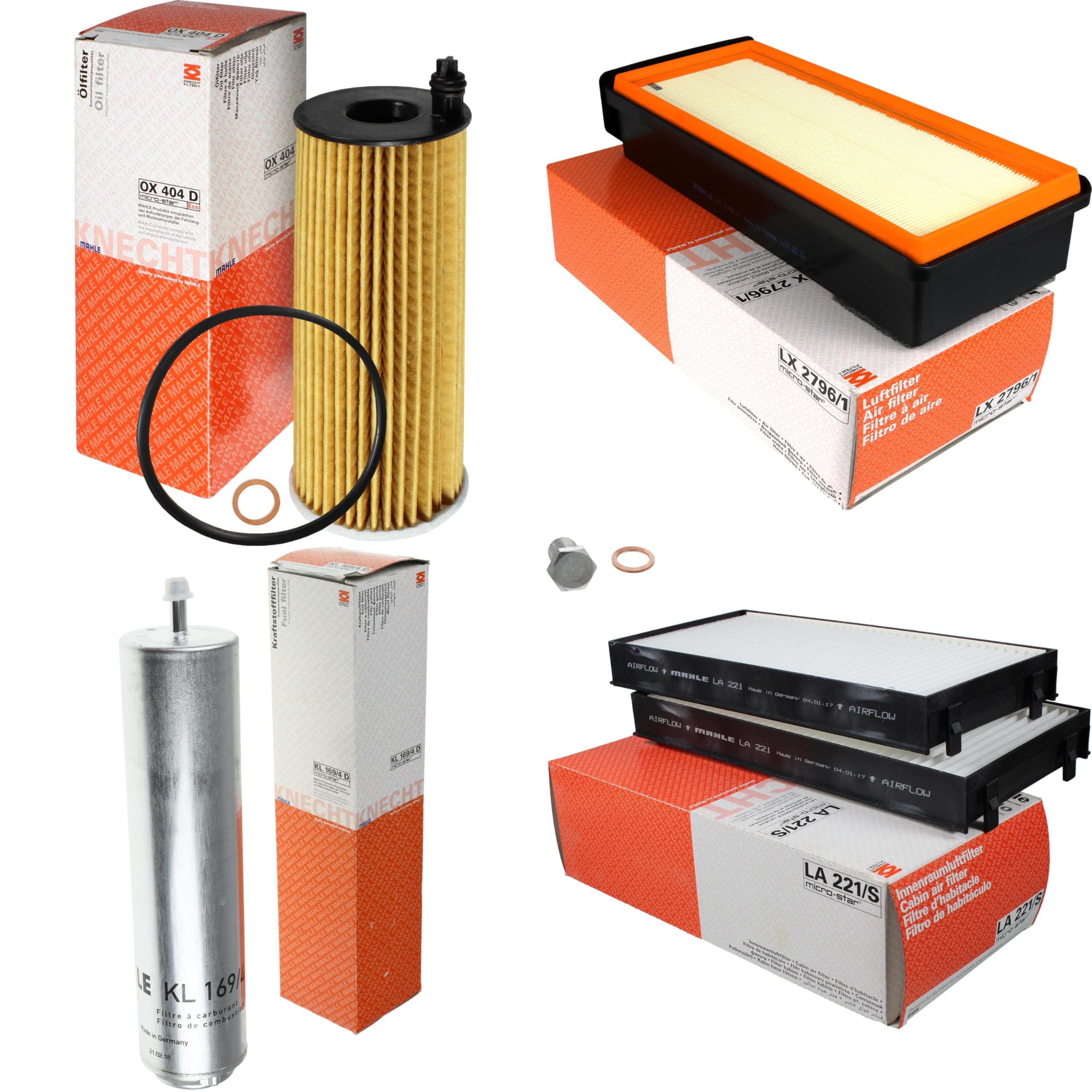 Paquete de inspección Kit de mantenimiento con filtro de aceite OX 404D, filtro de aire LX 2796/1, filtro de combustible KL 169/4D, filtro de cabina LA 221/S, tornillo de cierre