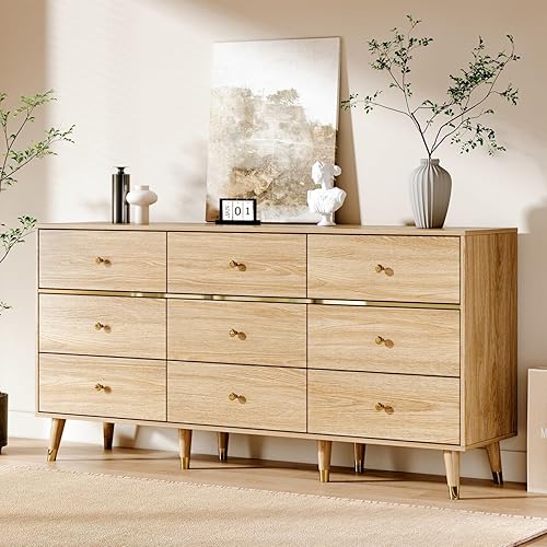Miniatura 5 de Cómoda de 9 Cajones, 63" de Ancho Cómoda Moderna de Mediados de Siglo, Cómoda de Cajones de Dormitorio de Madera con 9 Cajones de Almacenamiento