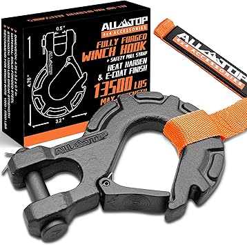 ALL-TOP Forged Steel Winch Hook, 5/16in 6Ton 13500Lbs, Extreme Hook for Winch Cable Ropes, Forged Steel & E-Coated Finish, Rhino Gray