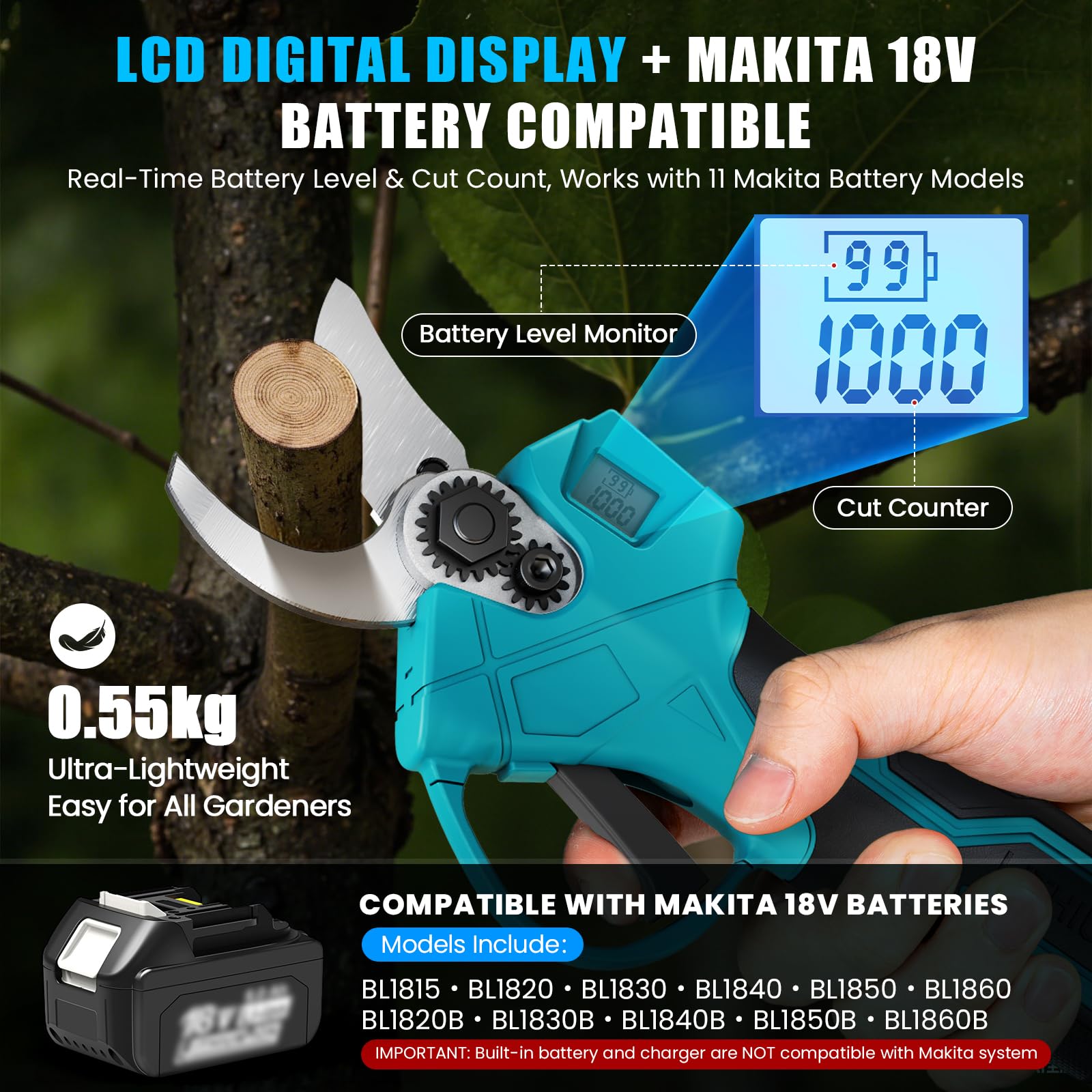Anbull 2-in-1 Akku Astschere Teleskop - Bis Zu 4.6m Reichweite Elektrische Gartenschere mit Teleskopstange, 500W Bürstenloser Motor, 2 * 4000mAh Akkus, LCD Display für Baum, Strauch & Blumenpflege