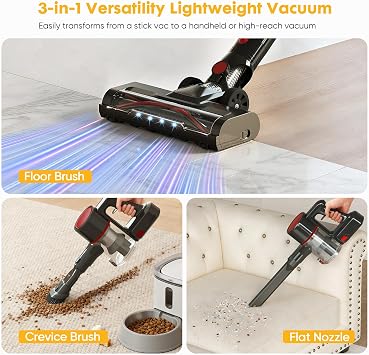 OLIXIS Cordless Vacuum Cleaner with Flexible Steering & Extendable Pole,3 Brush Heads, Lightweight Wireless Rechargeable Upright Vacuum with LED Light & Wall Mount for Hardwood Floors & Carpet