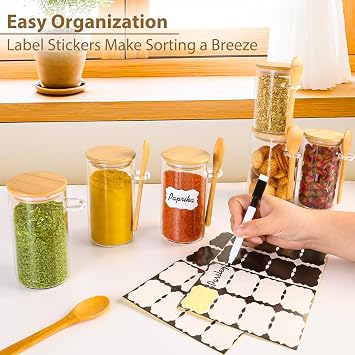 12 Pack 10 oz Round Glass Spice Jars with Lids and Spoons Airtight Small Spice Containers Set with Labels, Clear Glass Storage Jars for Seasoning, Spices, Kitchen Pantry Organization