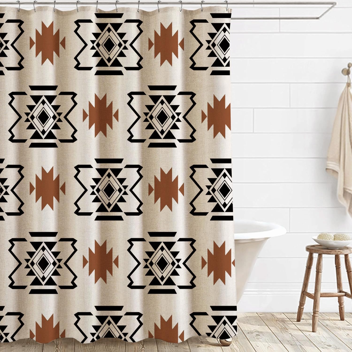Western Aztec Linen Shower Curtain Ethnic Southwest Geometric Stripes Fabric Shower Curtain Set with Hooks, Boho Farmhouse Shower Curtains for Bathroom, 71x78 Bath Curtain