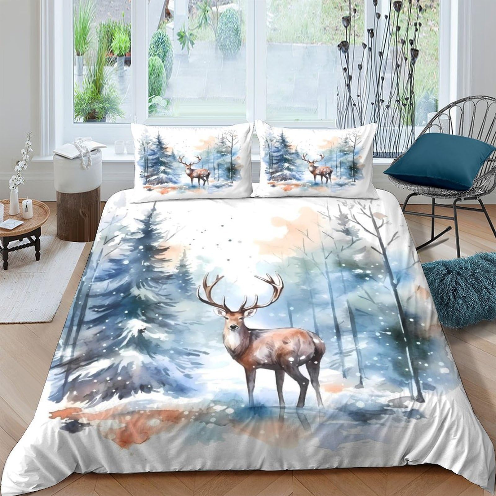 GPLZQXKJNH 3D Printed Winter Forest Deer Duvet Cover Microfiber Soft Breathable Snowy Landscape Bedding Set with 2 Pillowcases for Bedroom Decor, Single（135x200cm）