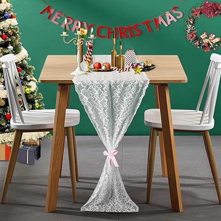 Pardecor Vintage Lace Table Runner 12x120-Inch 1 Pack Wedding Bridal Lace Table Runners Flower Table Runner Tea Party Tablecloth White Lace Runner (LTR034 White)