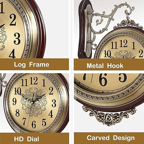 Miniatura 4 de Reloj de pared grande de doble cara, estilo europeo de aleación de doble cara, reloj de pared de metal giratorio de 360°, reloj silencioso para