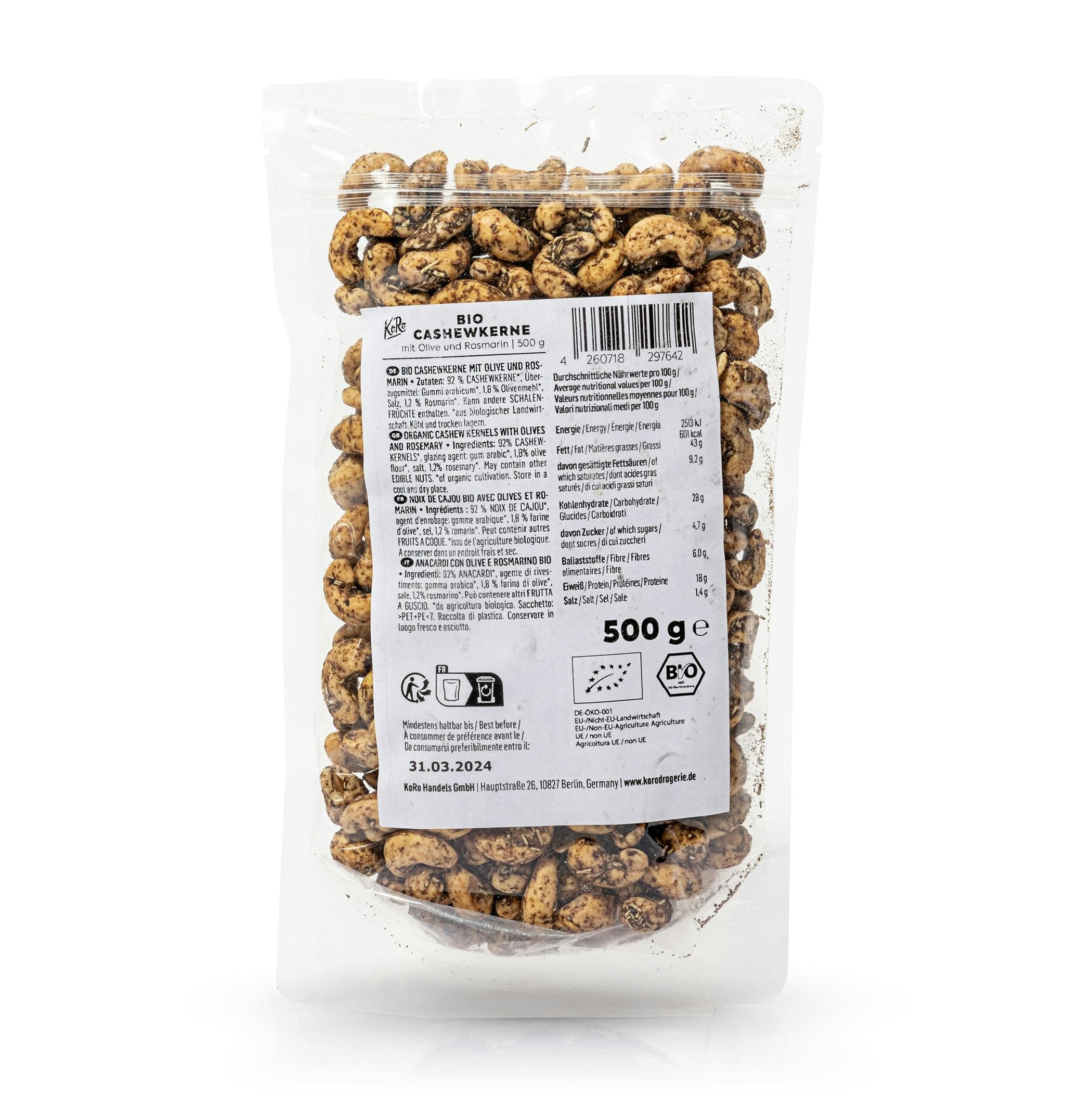 KoRo - Anacardi con olive e rosmarino bio 500 g - frutta secca aromatizzata con erbe - come snack o nelle insalate - da agricoltura biologica e vegan
