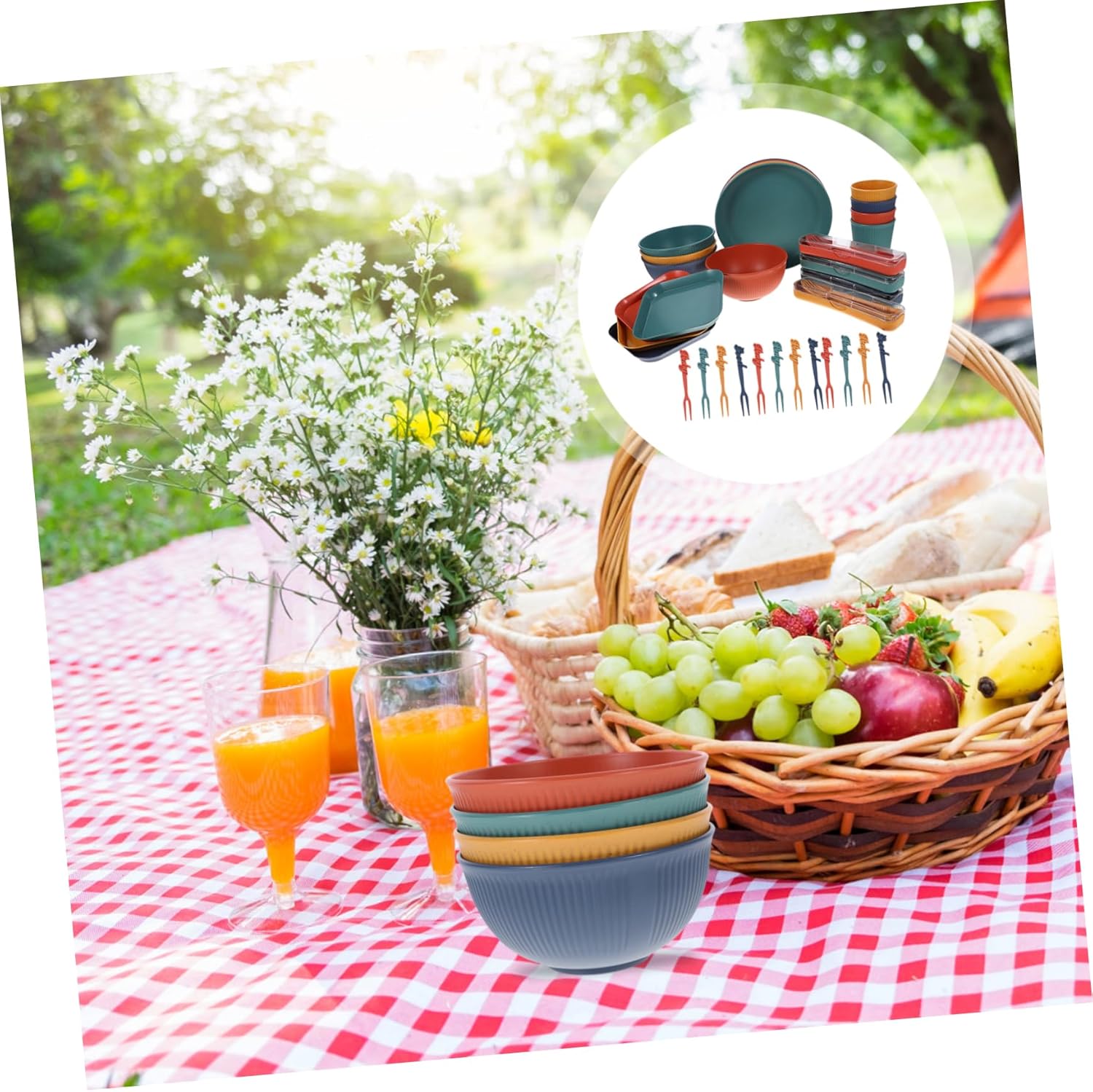 VOSAREA Picnic Plates and Utensils Set Straw Dinnerware Cutlery Kit Outdoor Tableware for Camping Hiking Beach Bbq