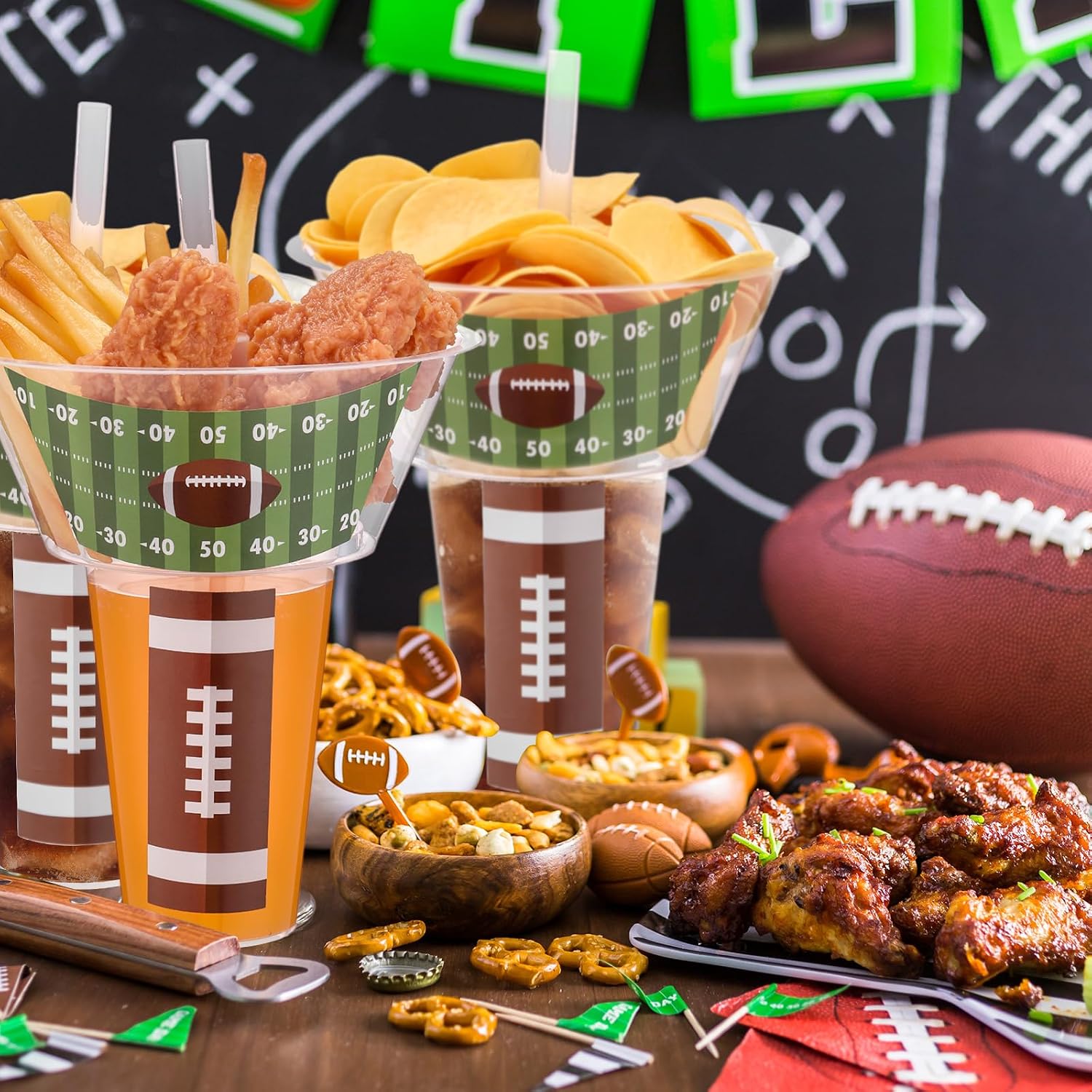 SiliFine 25 Sets of Football Party Drink and Snack Cup with Straws Disposable Plastic Stadium Tumbler with Snack Bowl Cup with Snack Holder Sip Snack Cups for French Fries Fried Chicken Fruit