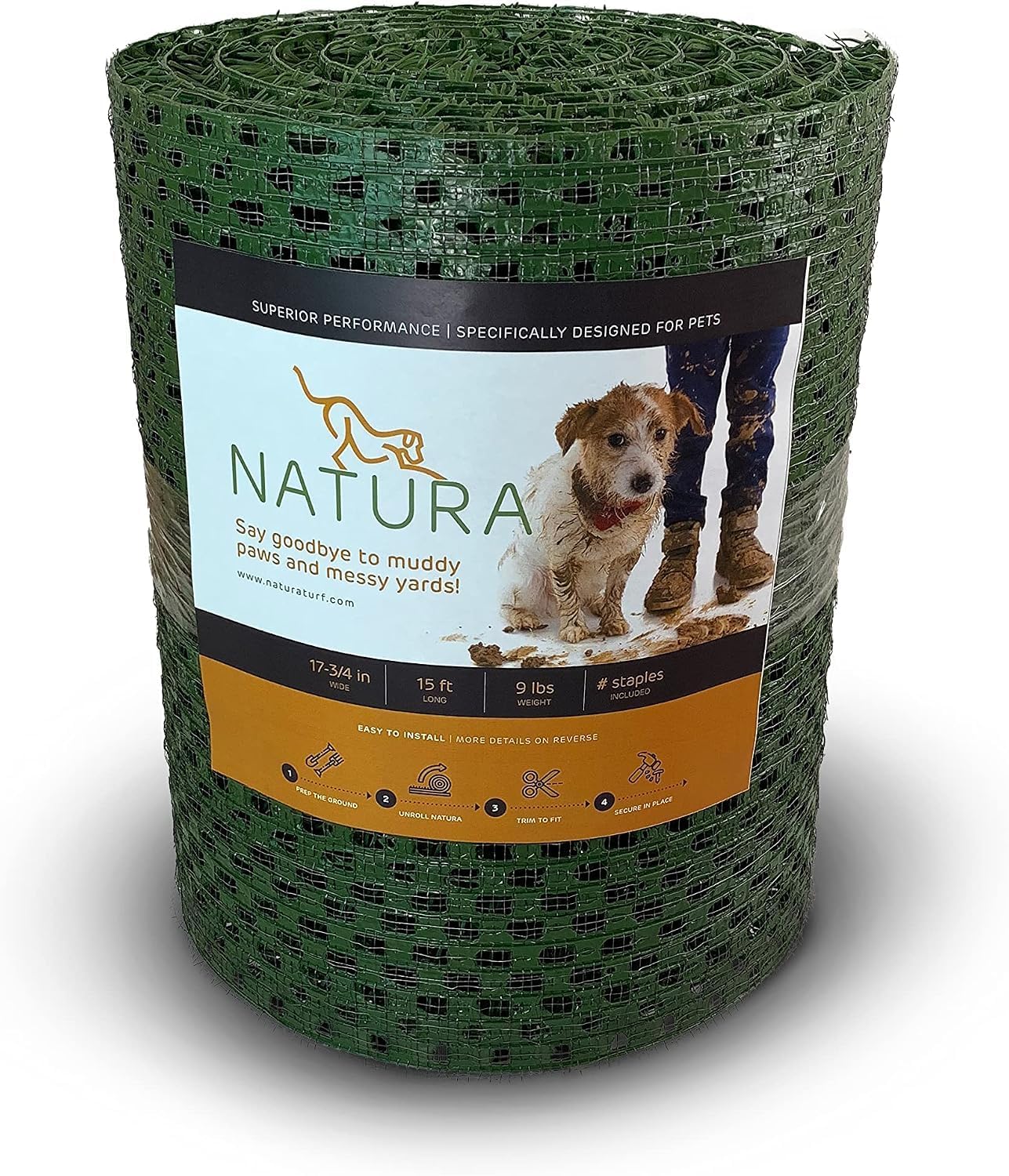 Natura PowerRun Outdoor Artificial Grass for Dogs, Turf Grass Patch Blends in with Natural Grass, Keeps Paws and Homes Clean, 1.5 ft. x 15 ft., Green