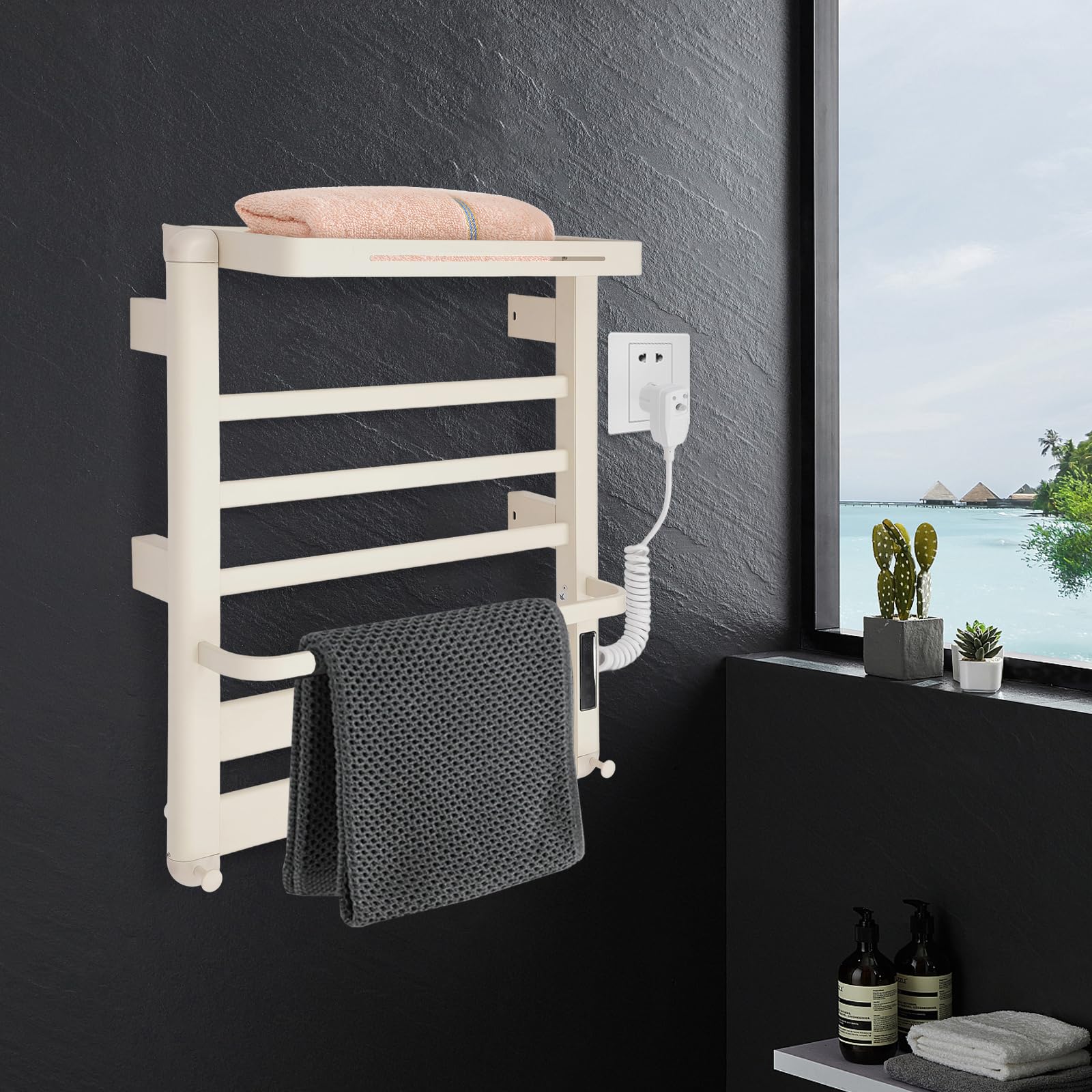Scaldasalviette elettrico, 50 x 60 cm, montato a parete, con controllo touchscreen, riscaldamento rapido e intelligente con temperatura costante per bagno, hotel e spa