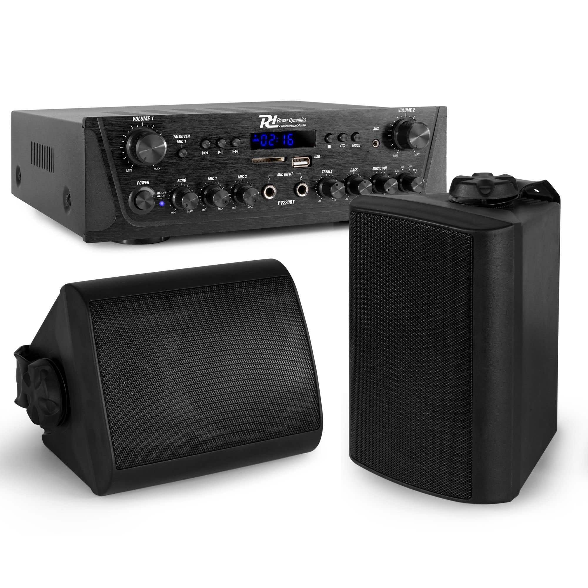 Power Dynamics - Sistema de Sonido Bluetooth, 2 Zonas, Amplificador 2x50W, 2 Altavoces Negros, MP3, USB, FM, RCA, 3 Entradas de Línea y Micrófono, Apto para Exterior IPX5, Cable Incluido, Mando