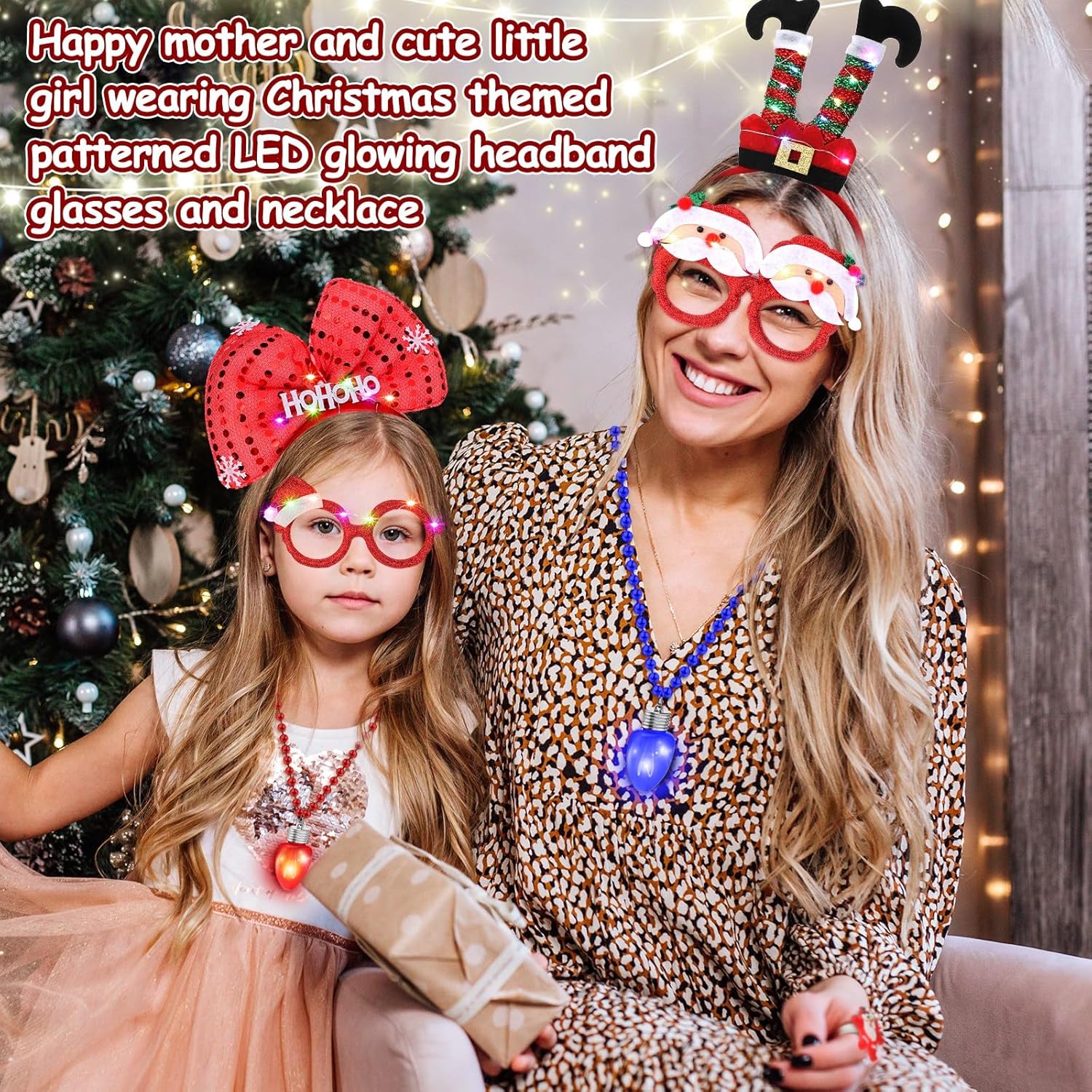 Hiboom 18 Pcs Christmas Light up Party Favors Includes LED Flashing Christmas Lighted Headbands Necklaces Glasses Holiday Glowing Accessories Light Jewelry for Kids Women Xmas New Year Party