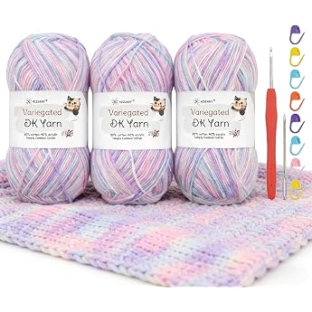 Crochet Yarn 3 100g Satin Dyed 4 Ply 60% Cotton 40% Acrylic Combed Cotton Yarn for Beginners with 2.5mm Hooks & Accessories DK Wool for Amigurumi Baby Hats Scarves Purple-3