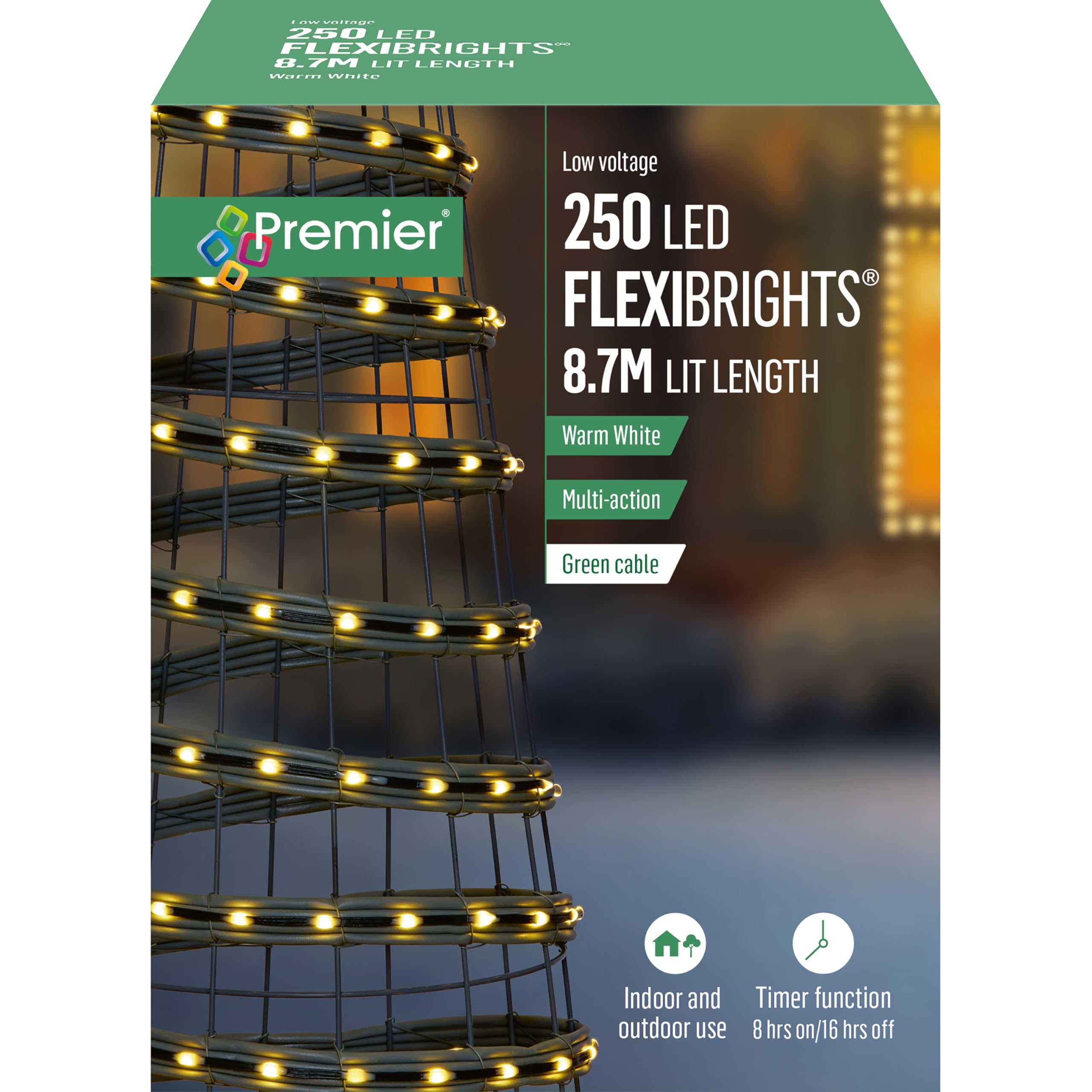 Premier 250 LED Flexibrights Lights Warm White Multi Action with Green Cable, 8.7m Lit Length, Timer Function, Indoor/Outdoor Use