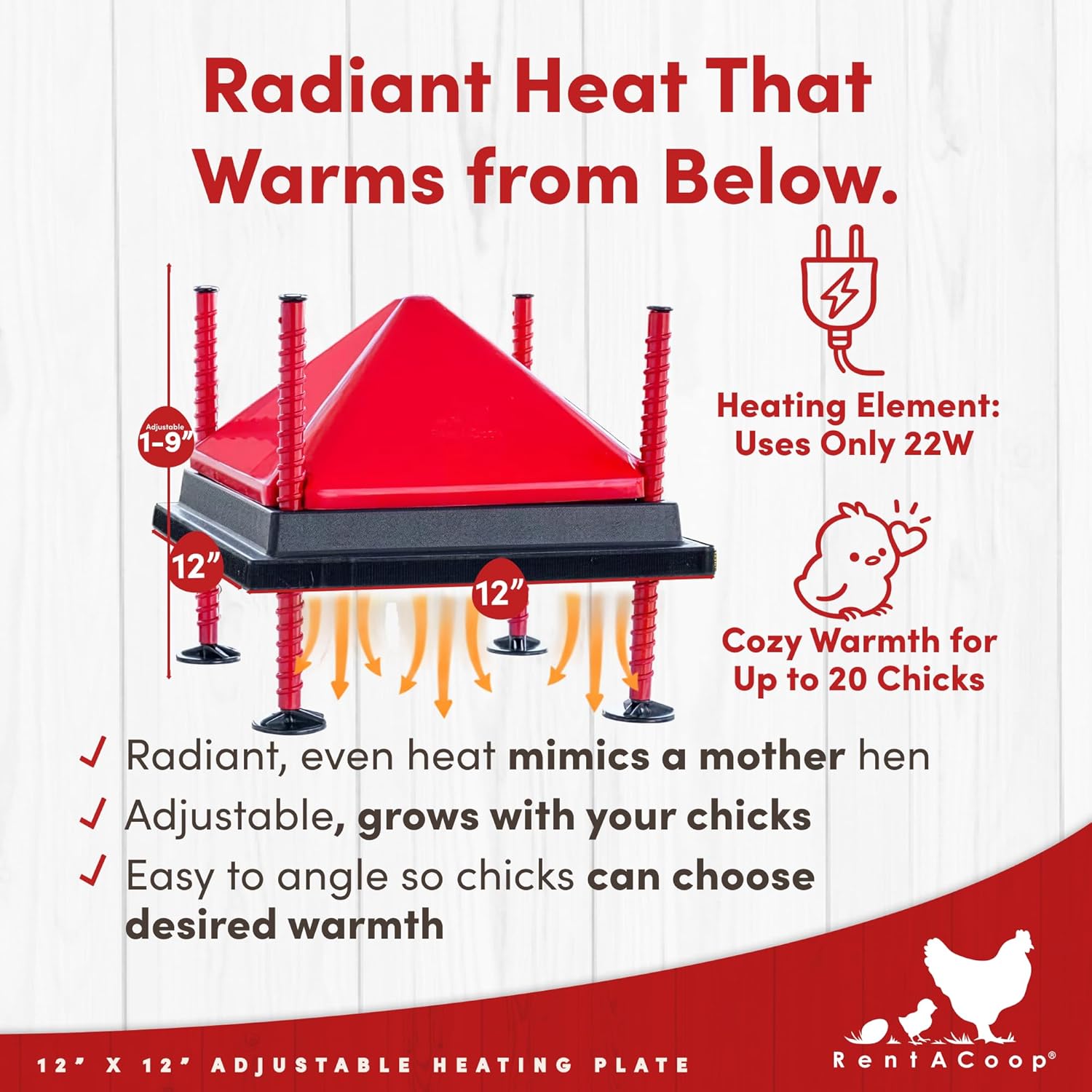 RentACoop 12x12” Adjustable Heating Plate with Hard Anti-Roost Cone Set and Removable Comfort Feathers - Chick Brooder Heat Plate Warms Up to 20 Chicks – Energy Efficient - Safer Than Heat Lamps