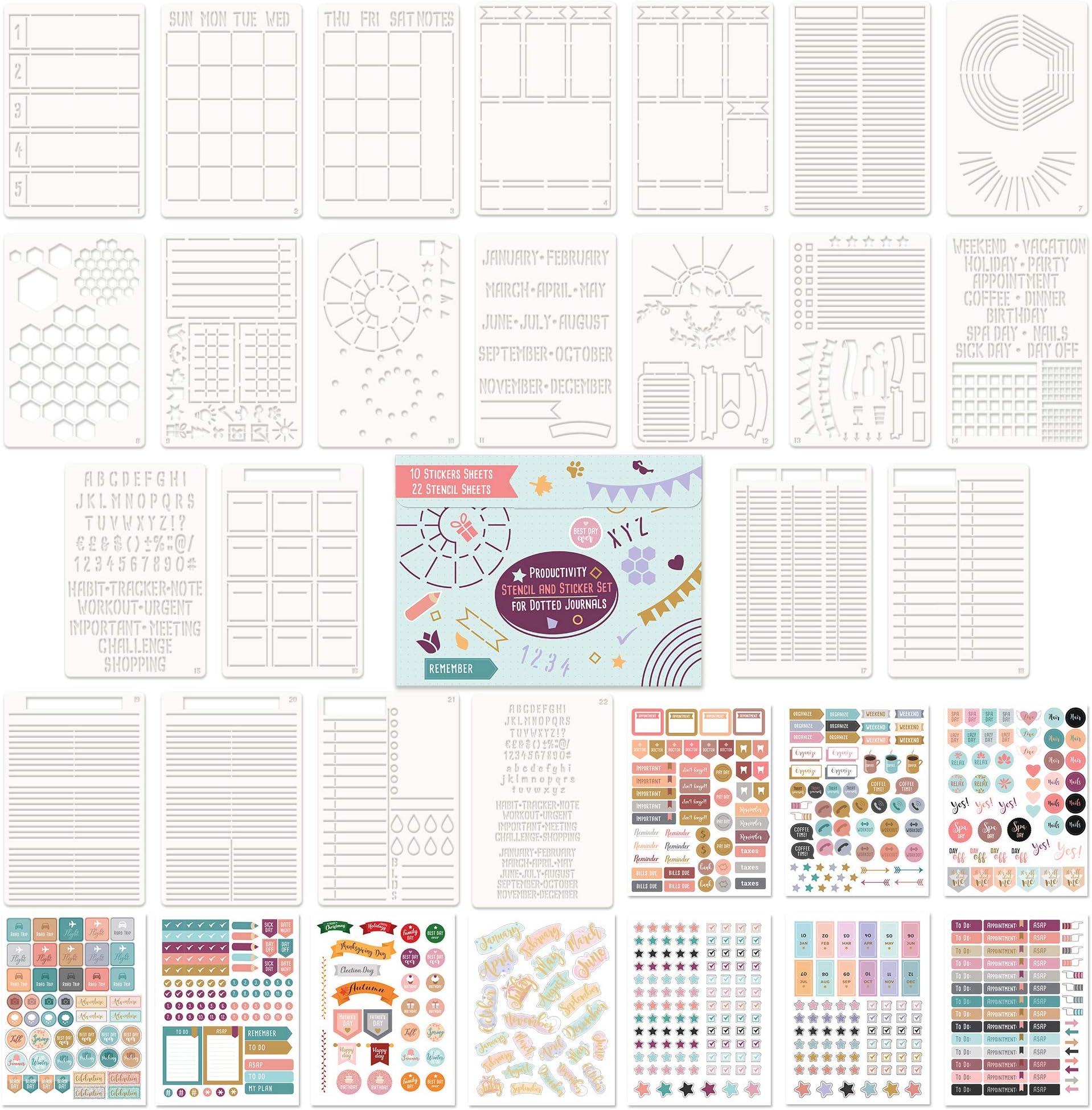 ZICOTO Easy to Use Stencil Set for Dotted Journals - Time Saving Planner Accessories/Supplies Kit Makes Creating Layouts Easy - Incl. Bullet Point Checklists, Daily/Weekly/Monthly Calendars