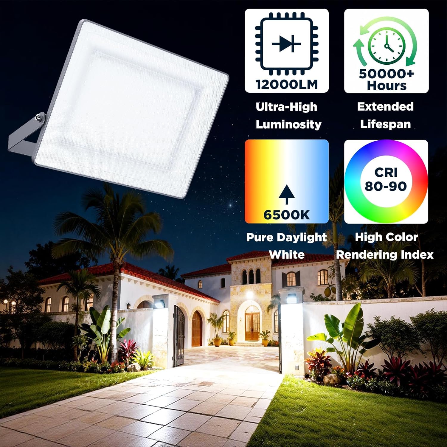 100W 12000LM Flood Lights Outdoor, Bright LED Work Light with Plug, 6500K Daylight White LED Flood Lighting, Security Yard Lights, Waterproof for Garage, Yard, Porch 1 Pack