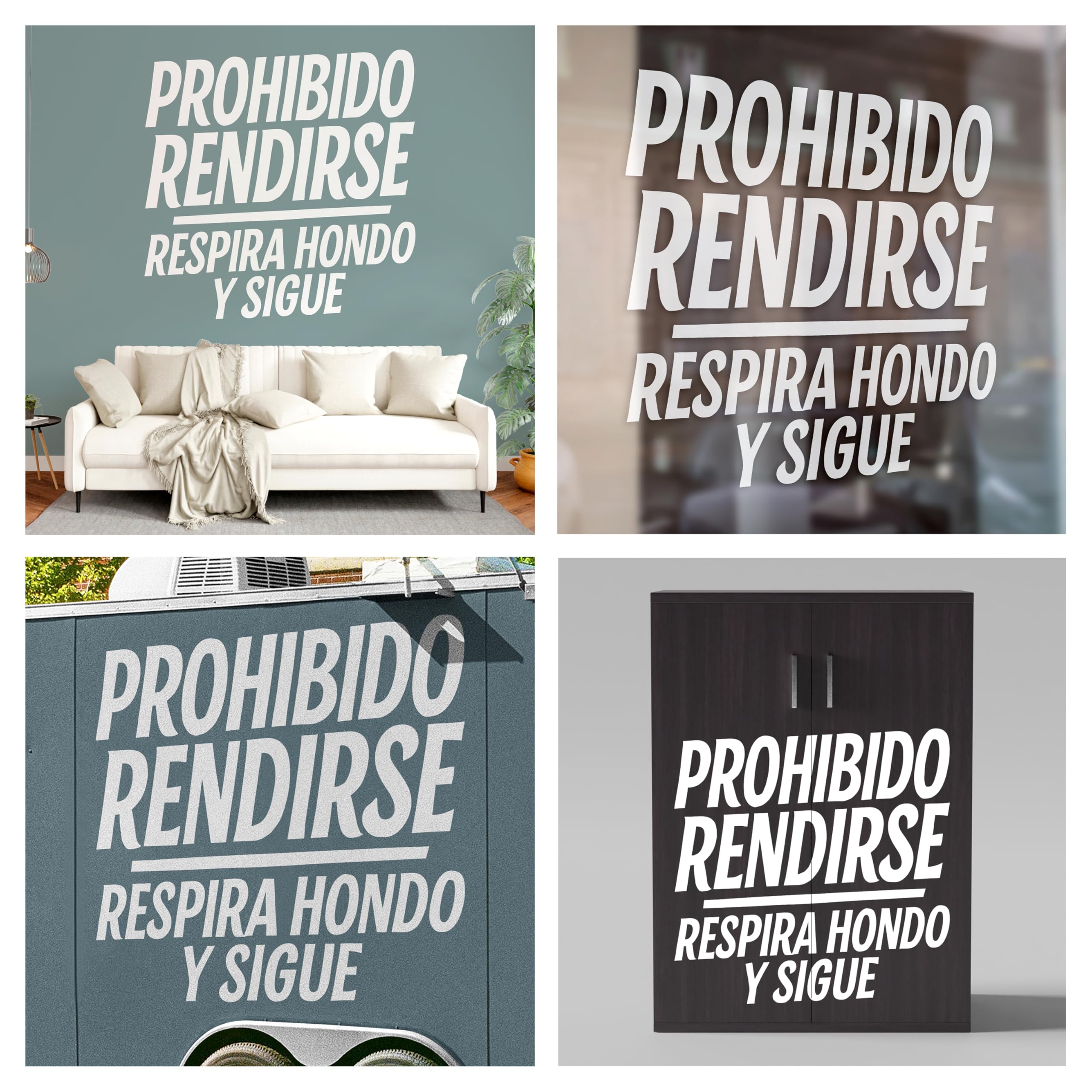 Vinilo Adhesivo con Frase Motivadora "Prohibido Rendirse, Respira Hondo y Sigue", Pegatina Decorativa para Gimnasio, Oficina o Casa, Decoración Inspiradora de Pared con Mensaje (Blanco, 100 x 100 cm)