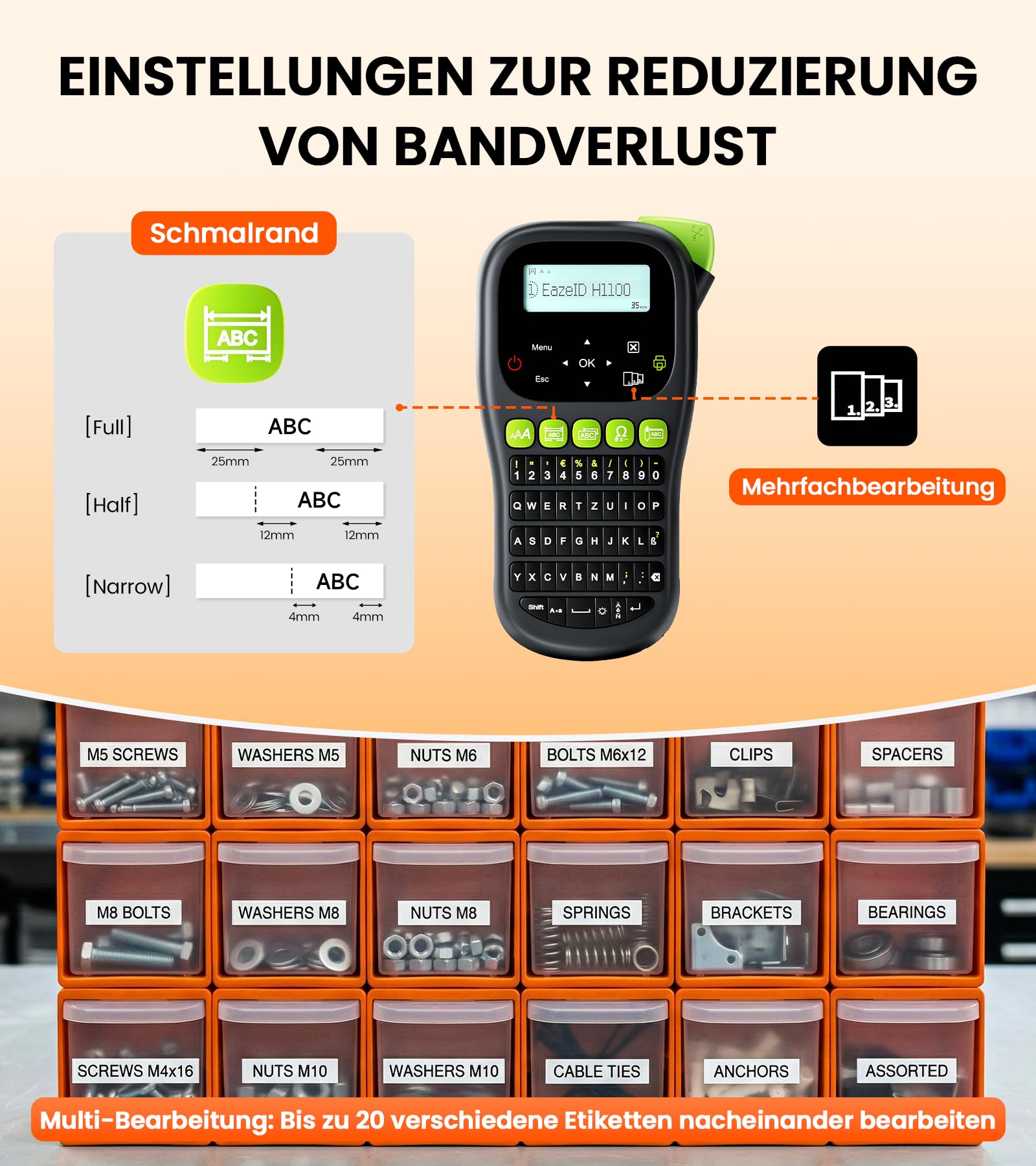 Beschriftungsgerät with 5PK Weiß Etikettenbänder, Handgerät Etikettiergerät mit QWERTZ Tastatur, LCD-Hintergrundbeleuchtung, 3 Kabelmodi, Laminierte Bänder, Tragbares Etikettendrucker für Kabel Büro