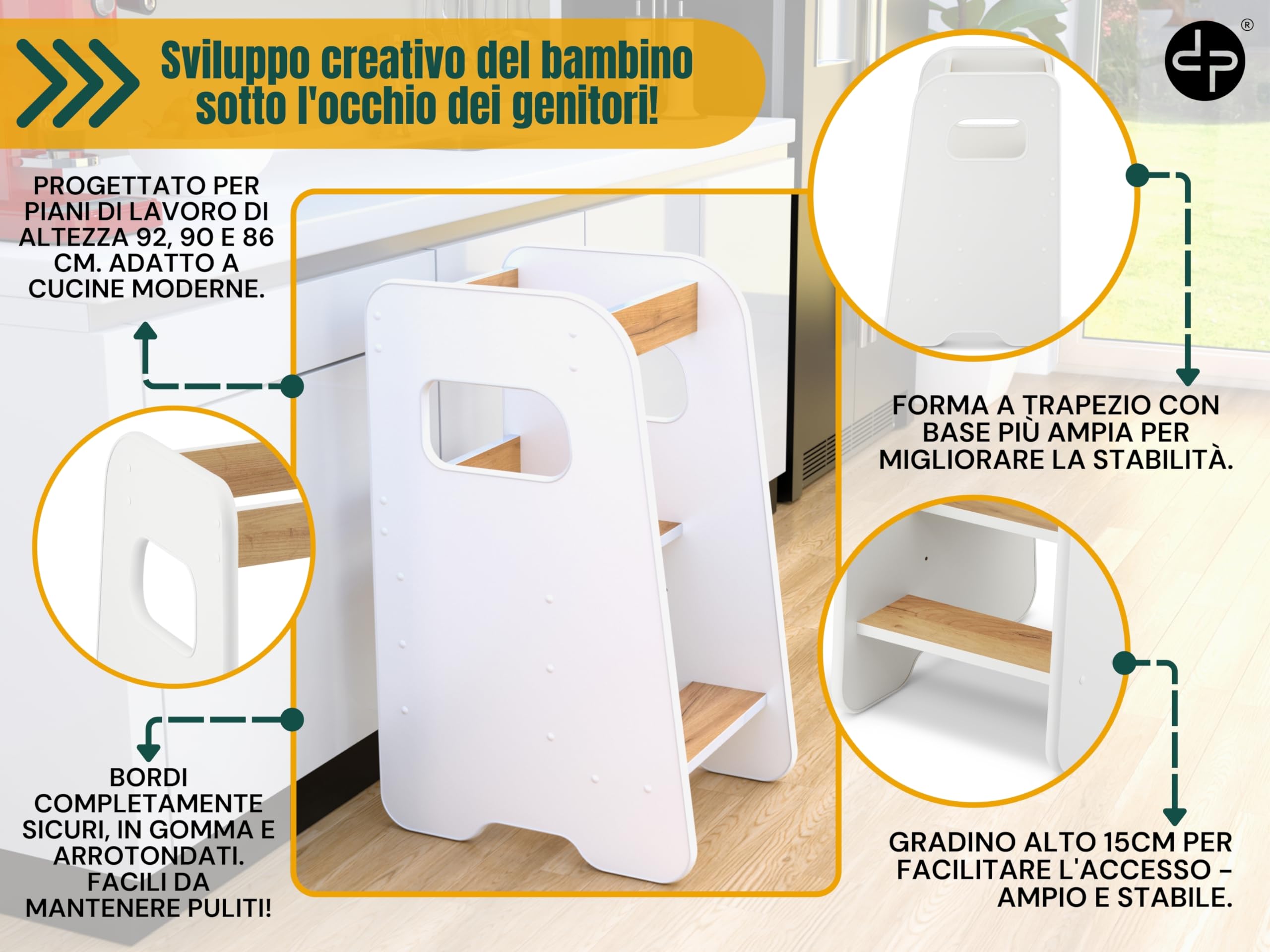 Torre Montessoriana bambini 1 anno Altezza regolabile 3 livelli Sgabello cucina Learning tower Bianco & Rovere