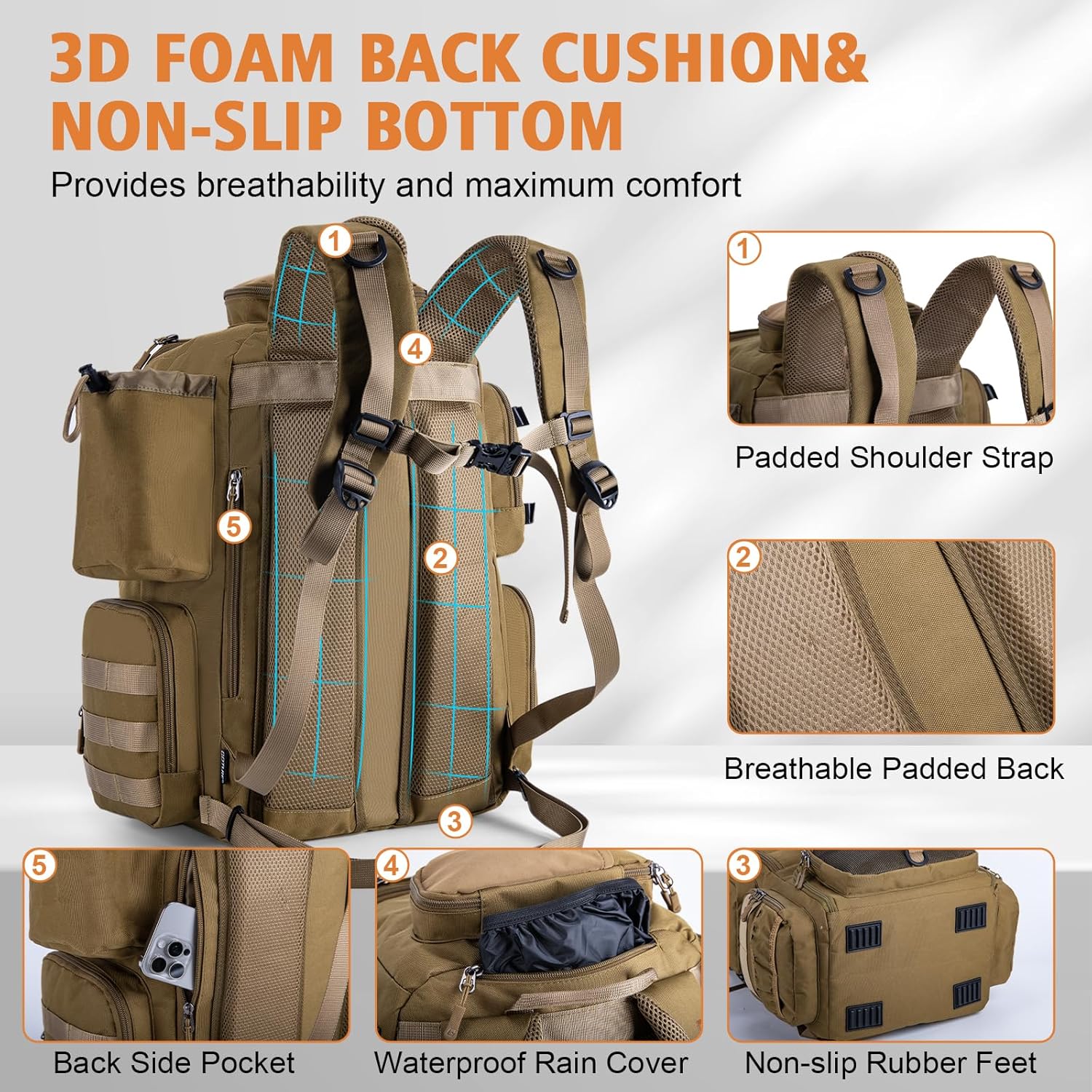 Goture Fishing Backpack, 900D Water-Resistant Tackle Backpack with Rod Holders, 58L Large Storage Gear Fishing Tackle Bag with Detachable Crossbody Bag,8 Lure Pockets,Bottle Holder for Camping Hiking