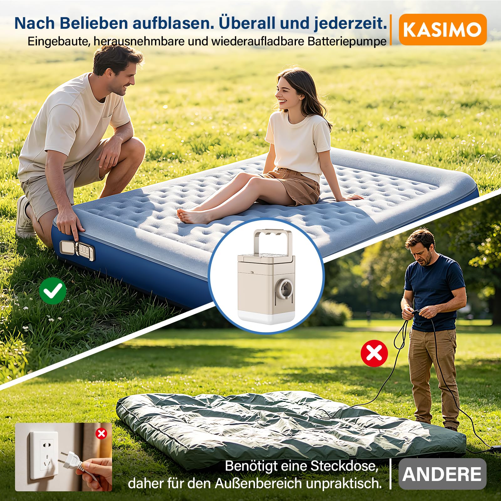 KASIMO TPU Luftmatratze selbstaufblasend, Luftbett 2 Personen, Gästebett mit integrierter Elektrischer Pumpe, aufblasbare matratze mit Kissen, luftmatratze 190x150x22cm für Gäste zu Hause und Camping