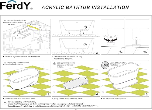Miniatura 7 de FerdY Bañera independiente de acrílico, bañera ergonómica ligera clásica ovalada con drenaje cromado, desbordamiento ranurado clásico, blanco