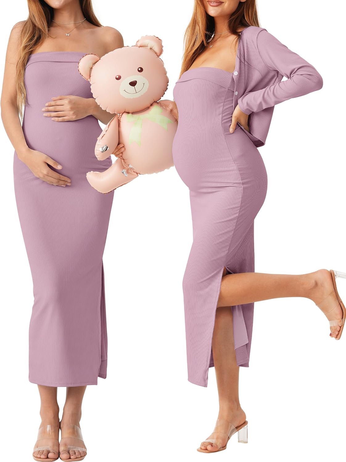 2 Piece Maternity Dress Cardigan Set, Strapless Bodycon Maxi Tube Dresses Long for Baby Shower Photoshoot Formal