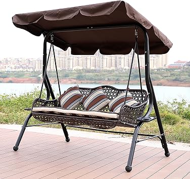 Swing Outdoor, Comfortable Garden Swing Bench, Iron Swing Rocking Chair, 2/3 Person Adjustable Sunshade, Weather Resistant PE Rattan, Anti-Slip Pad, Ergonomic Design 3 Seater