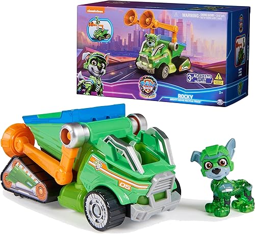 Paw Patrol The Mighty Movie, camión reciclador de basura de juguete con figura de acción Rocky Mighty Pups, luces y sonidos, juguetes para niños y
