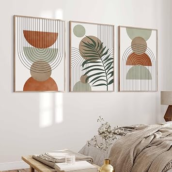 Ecyanlv Sage Green Boho Canvas Wall Art Mid Century Modern Art Minimalist Posters Boho Geometric Line Leaf Beige Wall Art Neutral Pictures Polygon Green and Terracotta Art 16x24inch No Frame