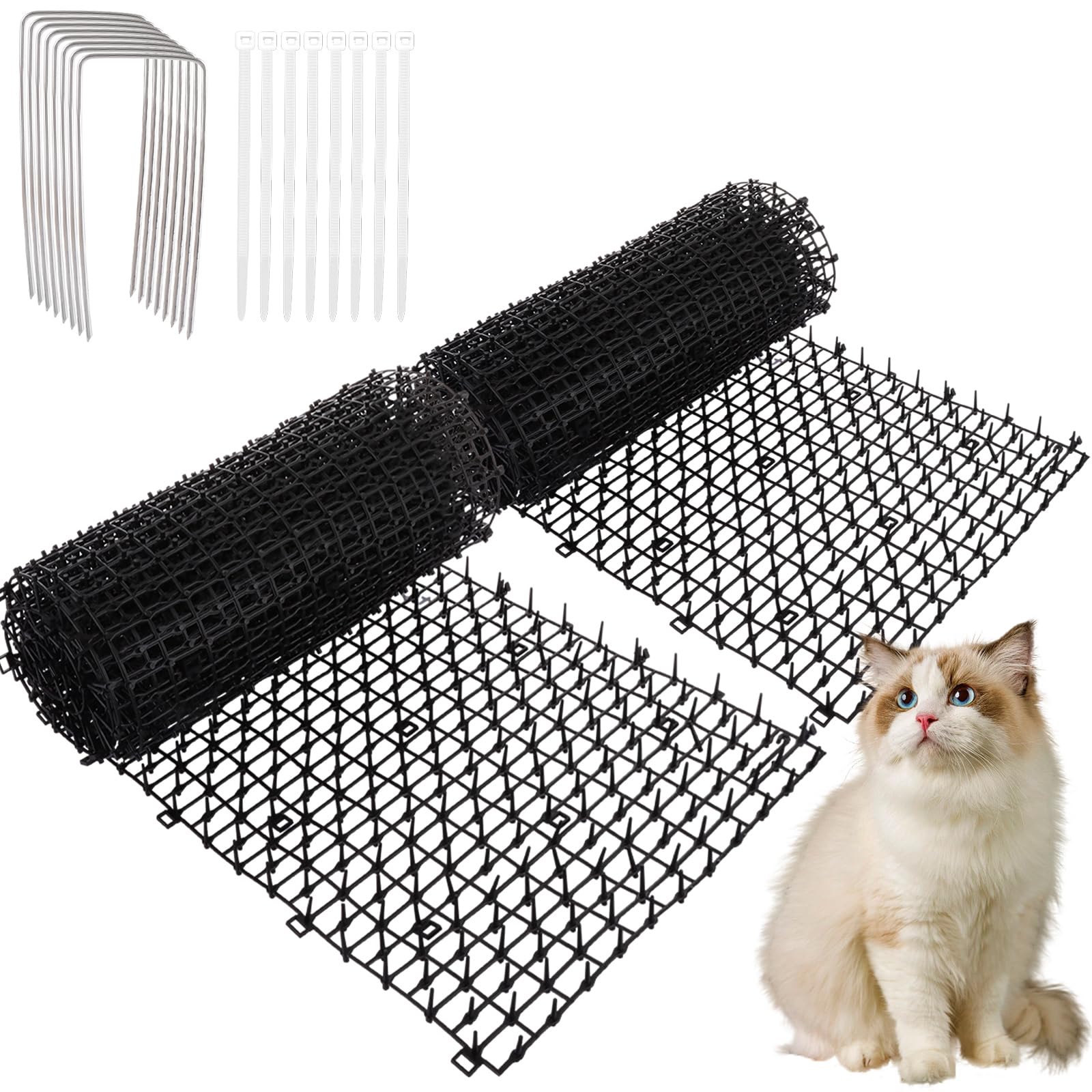 YOUNTHYE 2 Roll Cat Scat Mat with Spikes, 30x200cm Cat Repellent Mat Plastic Anti Cat Prickle Strips with 16 U-shaped Pegs, Cat Deterrent Mat for Home, Garden, Fence