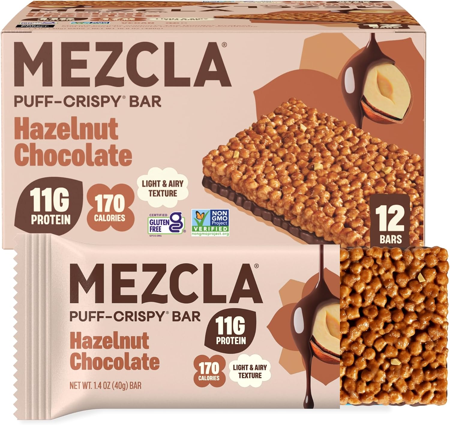 Mezcla Hazelnut Snack Bars, 11G Plant Based Pea Protein Treat, 12 Ct. | Gluten Free - Vegan - Healthy Adult Snack Protein Bar - Rice Cake, Granola, Breakfast Bar Alternative - Light & Airy Texture