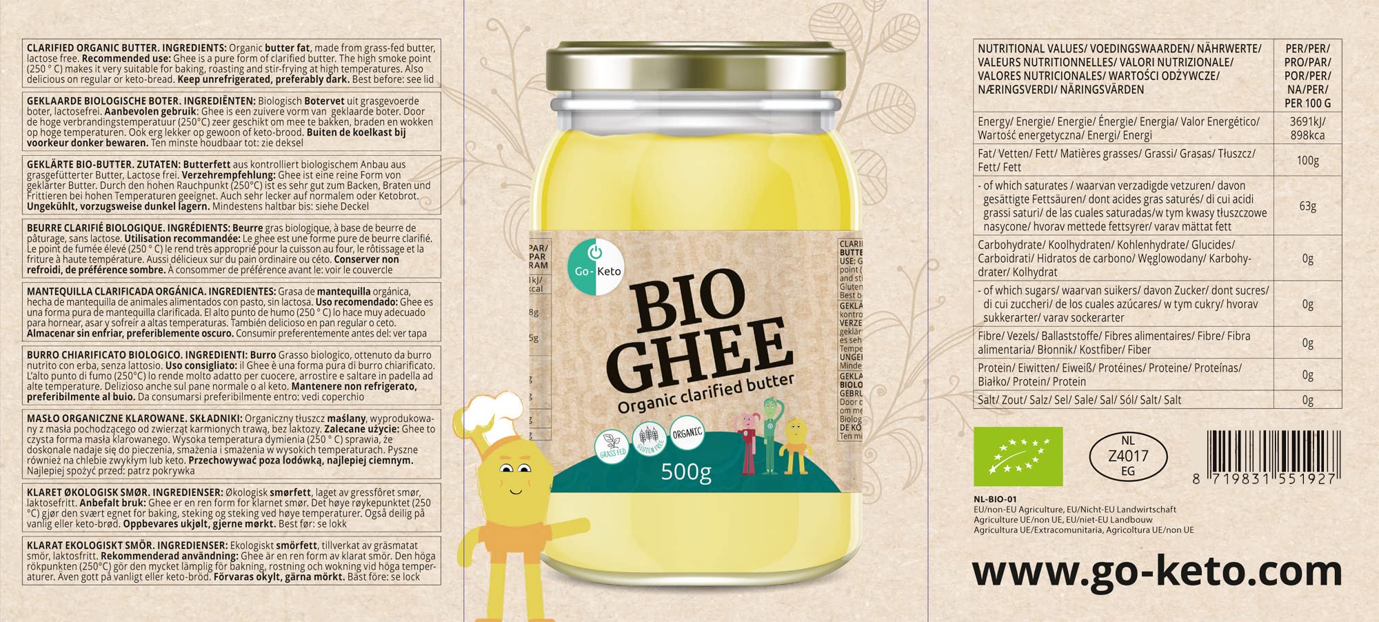 Go-Keto BIO Ghee, 500g | Mantequilla 100% clarificada, certificada BIO, Ayurveda | perfecto para la dieta cetogénica | ideal para hornear y asar | Sin lactosa, sin gluten, bajo en carbohidratos