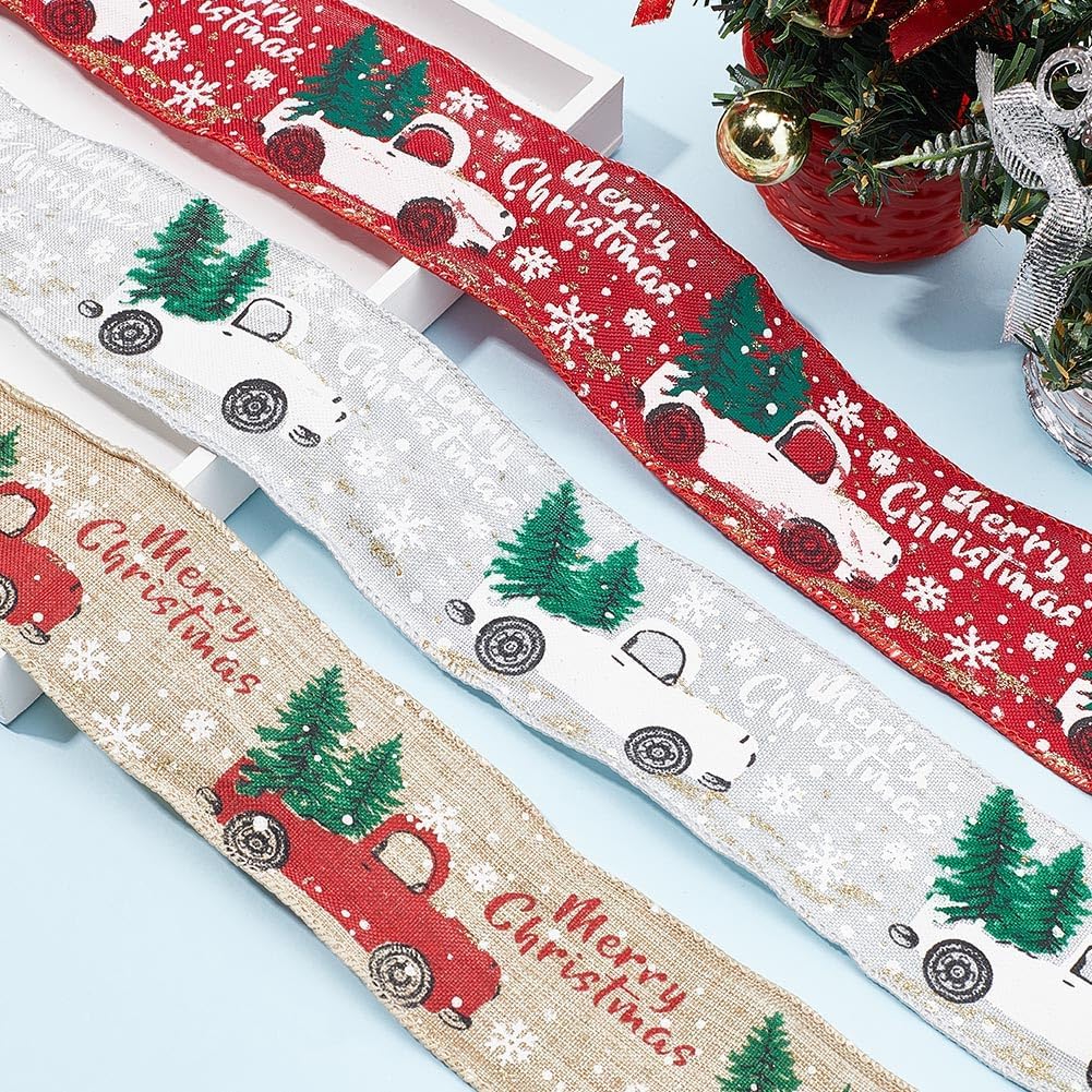 GORGECRAFT 3 Rolls 3 Colors 16.4 Yards x2.1 Christmas Wired Ribbon Red Truck Merry Christmas Holiday Craft Fabric Ribbon for Festival Home Decor Gift Wrapping Bow Making Wreath DIY Crafts