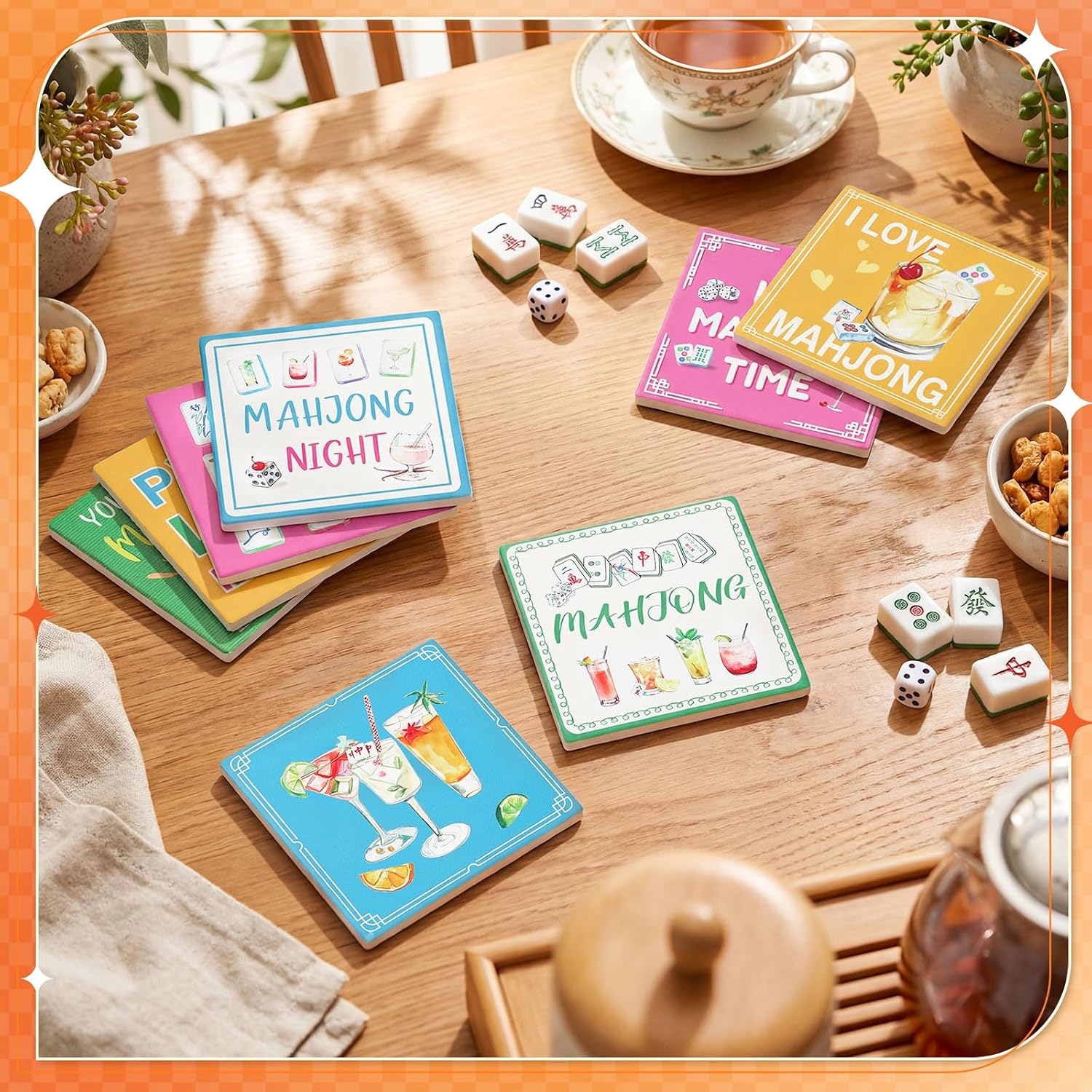 Patelai 8 Pcs Mahjong Ceramic Coasters Square Absorbent Drink Coasters for Game Night Funny Mah Jong Gifts and Accessories for Mahjong Cup, Drink, Table Game Party Supplies Decoration 4x4 Inch
