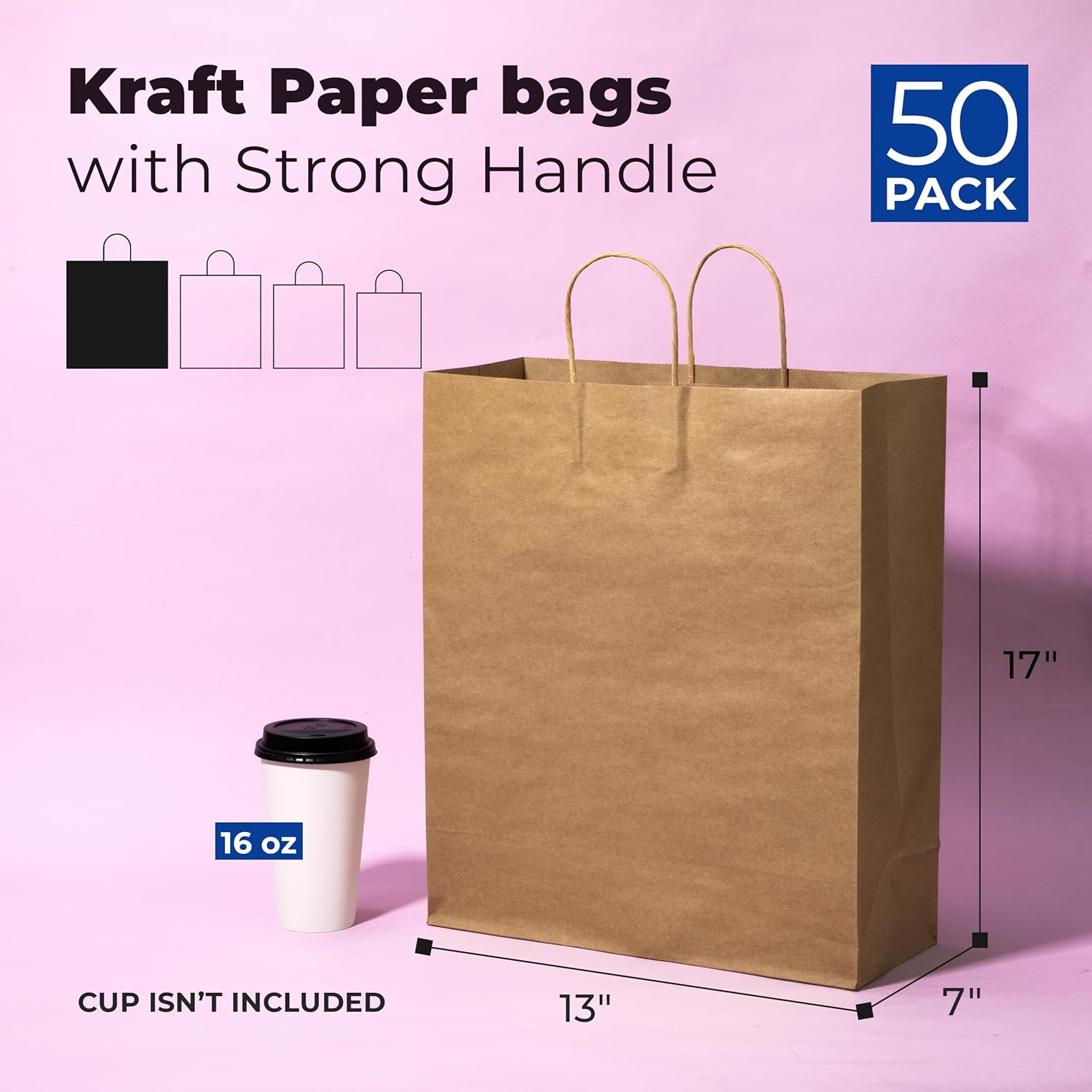 FMP Brands 50 Pack 13x7x17 Inches Large Kraft Paper Gift Bags with Handles Bulk, Durable Brown Paper Bags for Party Favors, Craft Gift Bag for Birthday Packaging, Small Business and Shopping Lunch