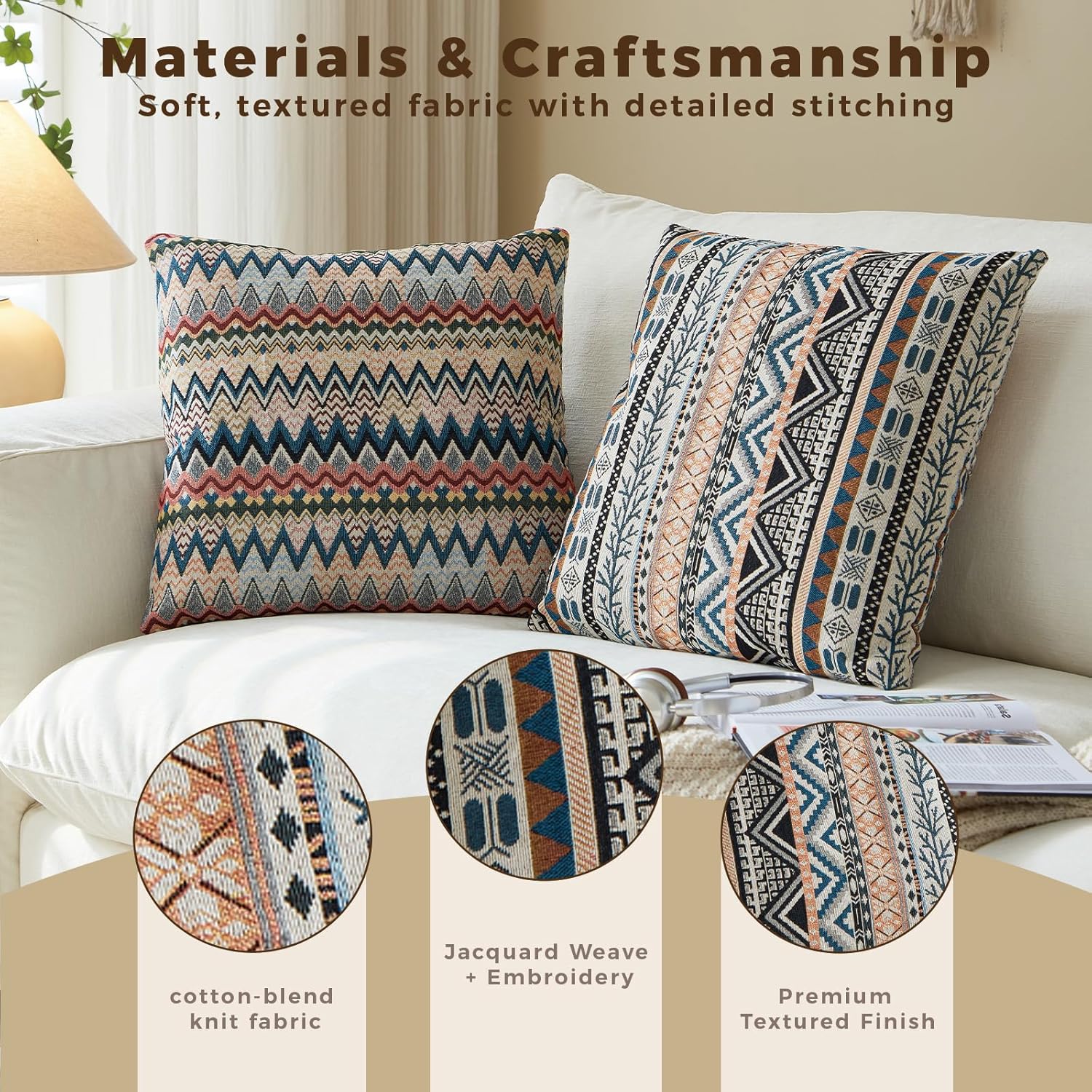 Boho Throw Pillow Covers 20x20 Set of 2 - Cotton Linen Decorative Pillows for Couch, Rustic Farmhouse Cushion Covers for Living Room Bed Sofa, Soft Holiday Accent Decor, Amber Elegance