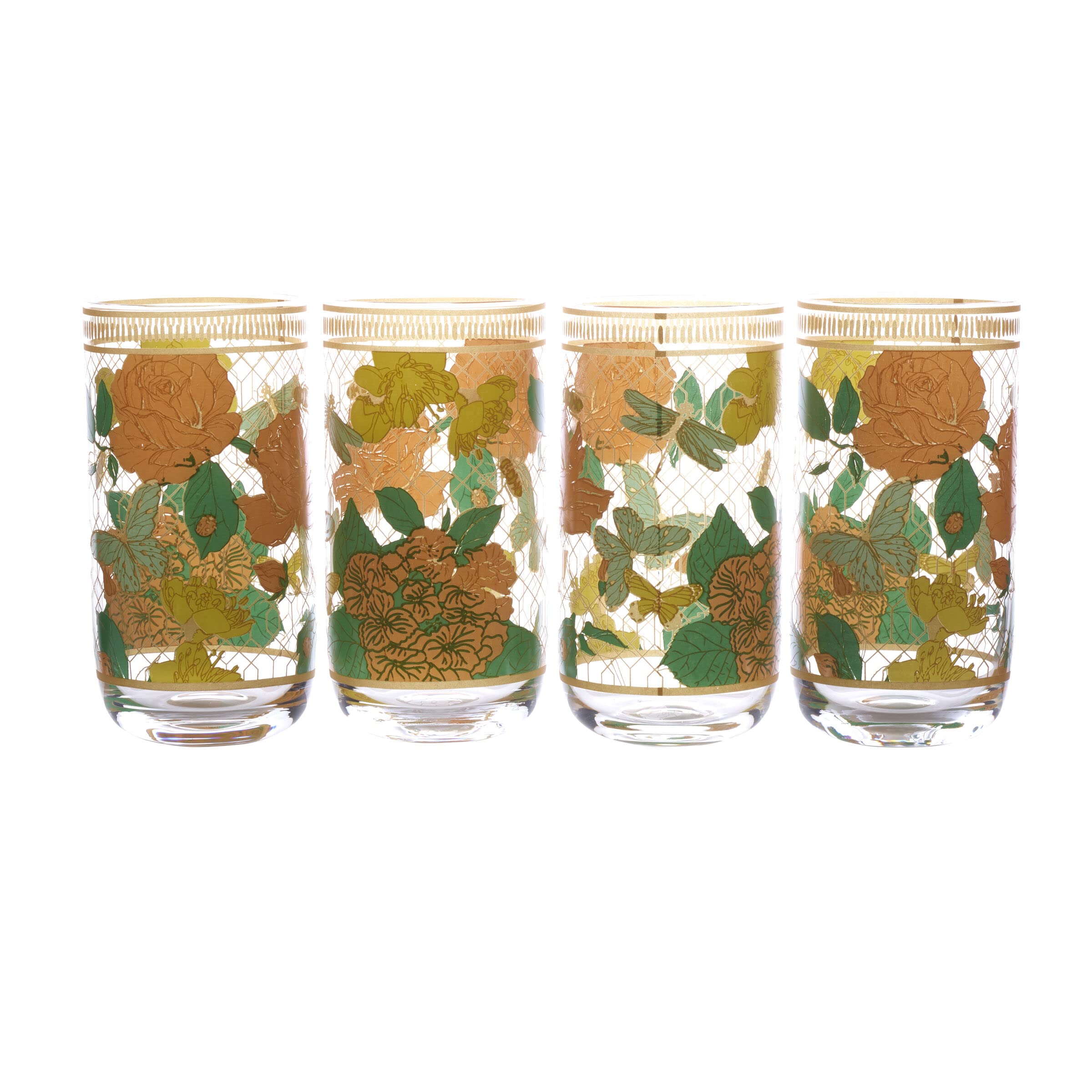 Fitz and Floyd Vintage Vibe Set of 4 Highball Tumbler Juice Glass, 19 Ounce, Multicolored