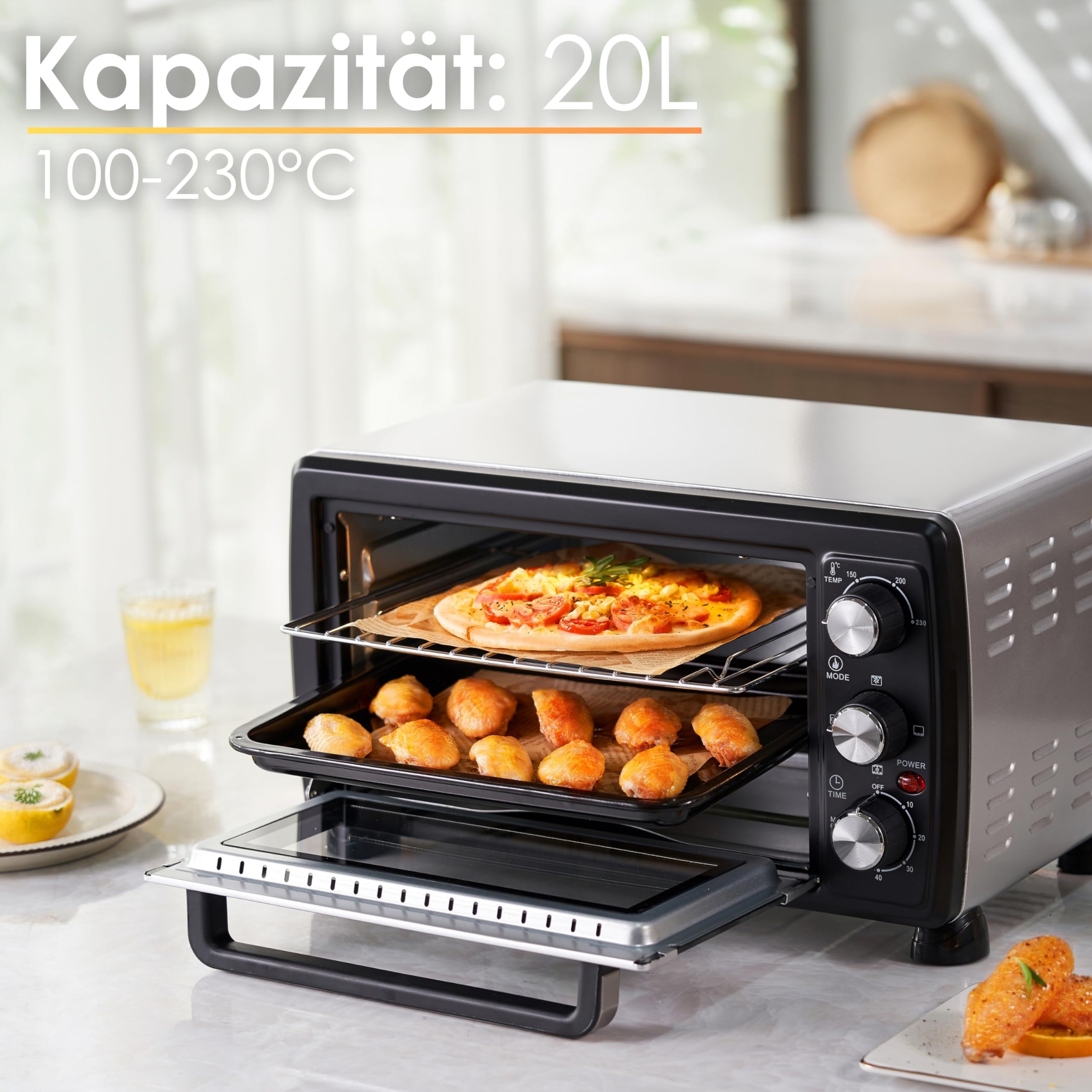 Mini horno 3 en 1 para pizza con aire circulante, 20 litros, 1380W, control temperatura 100-250°C, parrilla extraíble, temporizador 60 min, Negro