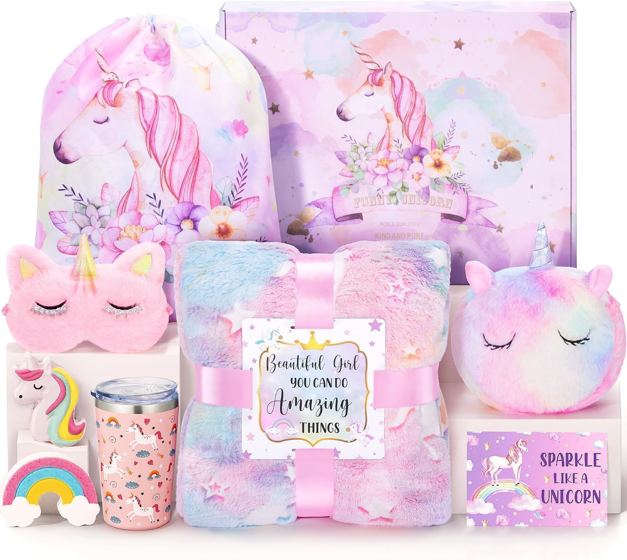 Unicorn Gifts for Girls 4-6 6-8, Birthday Easter Gifts Set for Girls Age 4 5 6 7 8 9+ Year Old Tween Teen Girl Trendy Stuff Kids Unicorn Toys with Glow in The Dark Blanket Purse for Daughter Niece