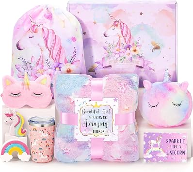 Unicorn Gifts for Girls 4-6 6-8, Birthday Easter Gifts Set for Girls Age 4 5 6 7 8 9+ Year Old Tween Teen Girl Trendy Stuff Kids Unicorn Toys with Glow in The Dark Blanket Purse for Daughter Niece
