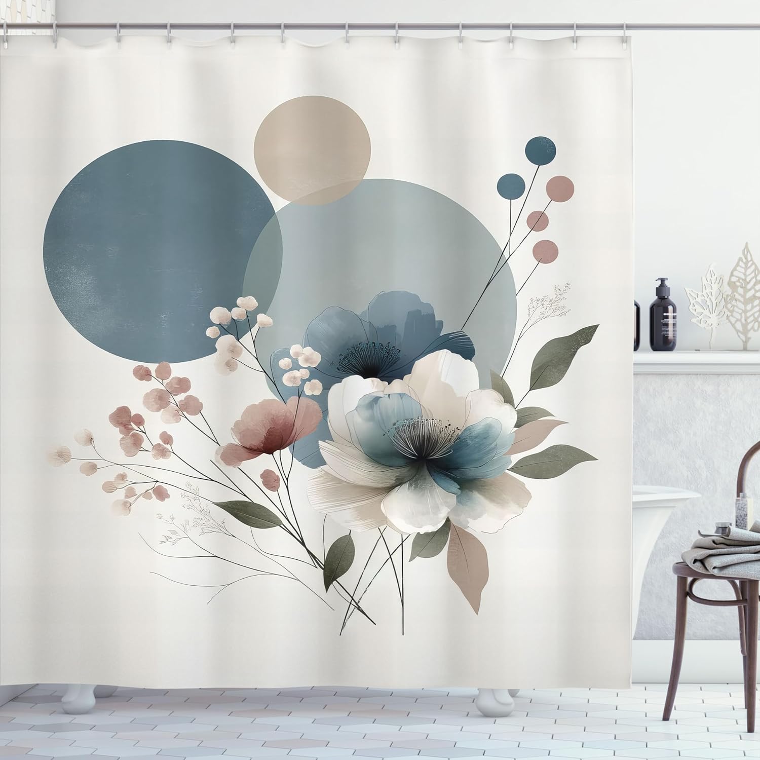 Ambesonne Monstera Shower Curtain, Minimalist Watercolor Floral Arrangement in Delicate Neutral Bluish Tones, Cloth Fabric Bathroom Decor Set with Hooks, 69" W x 70" L, Blue Grey and Blush