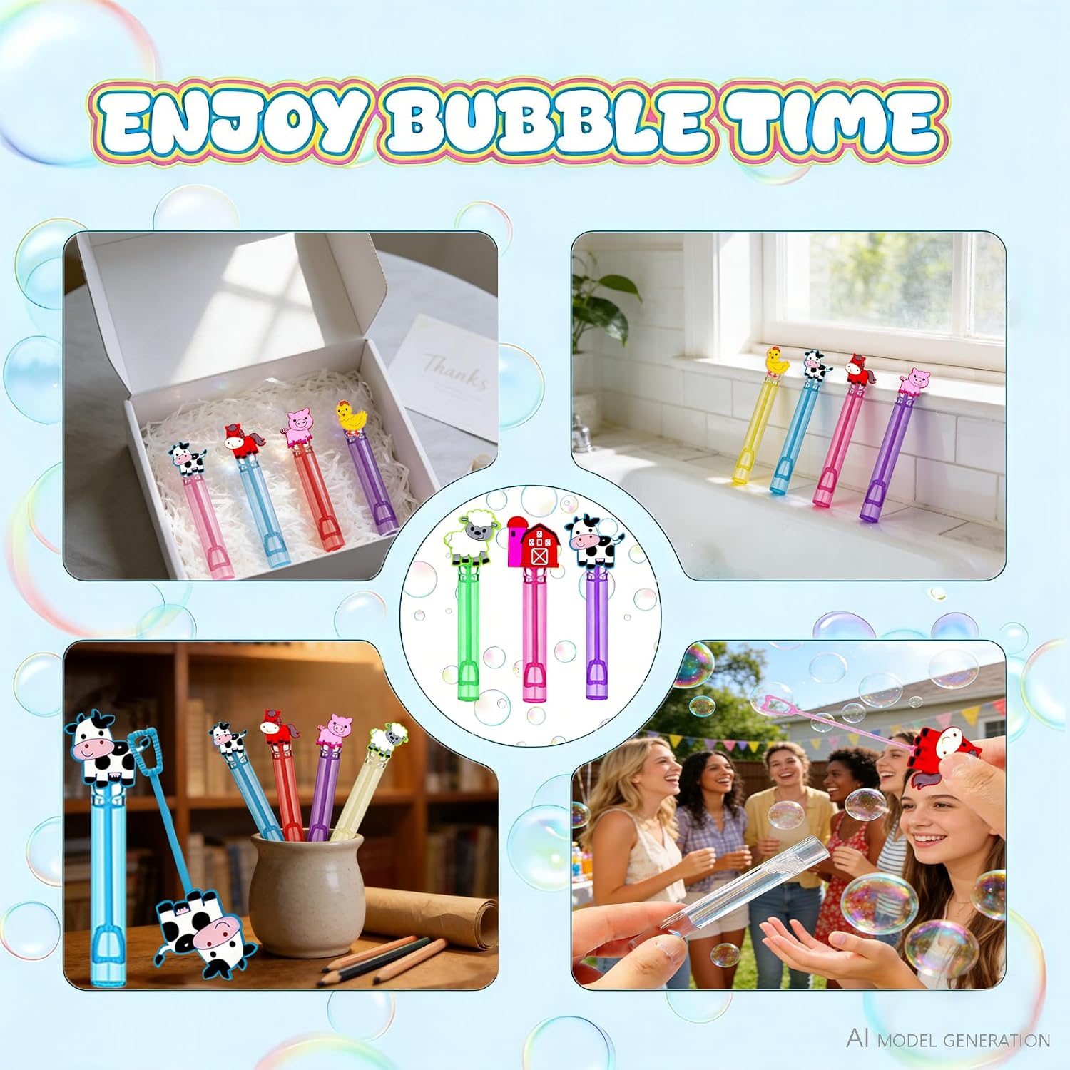 24 Pcs Farm Animal Bubble Wands, Barnyard Party Favor Bag Fillers | Farm animal bubble wands with cow, chick, pig, horse, sheep and barn toppers for party favors, goodie bags and pinatas.