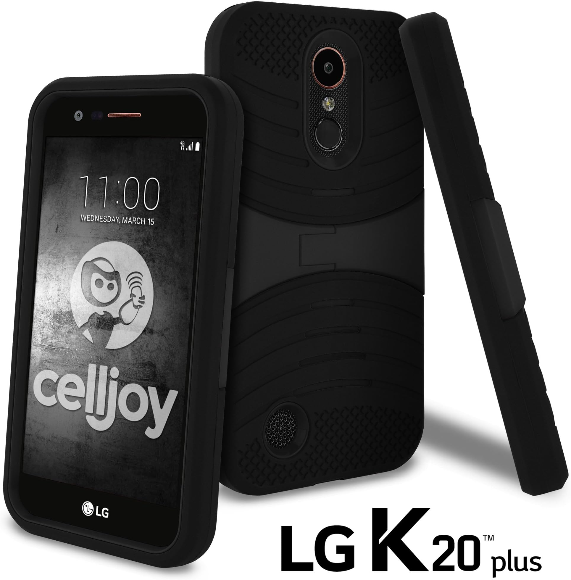Celljoy Case Compatible with LG K20 Plus, K20 V, Harmony, K10 2017 [EXO Armor] Thick Hybrid - Silicone Grip Skin/Hard PC Shell (Shock-Proof) - Built in Kickstand - [[Heavy Duty]] - (Black/Black)